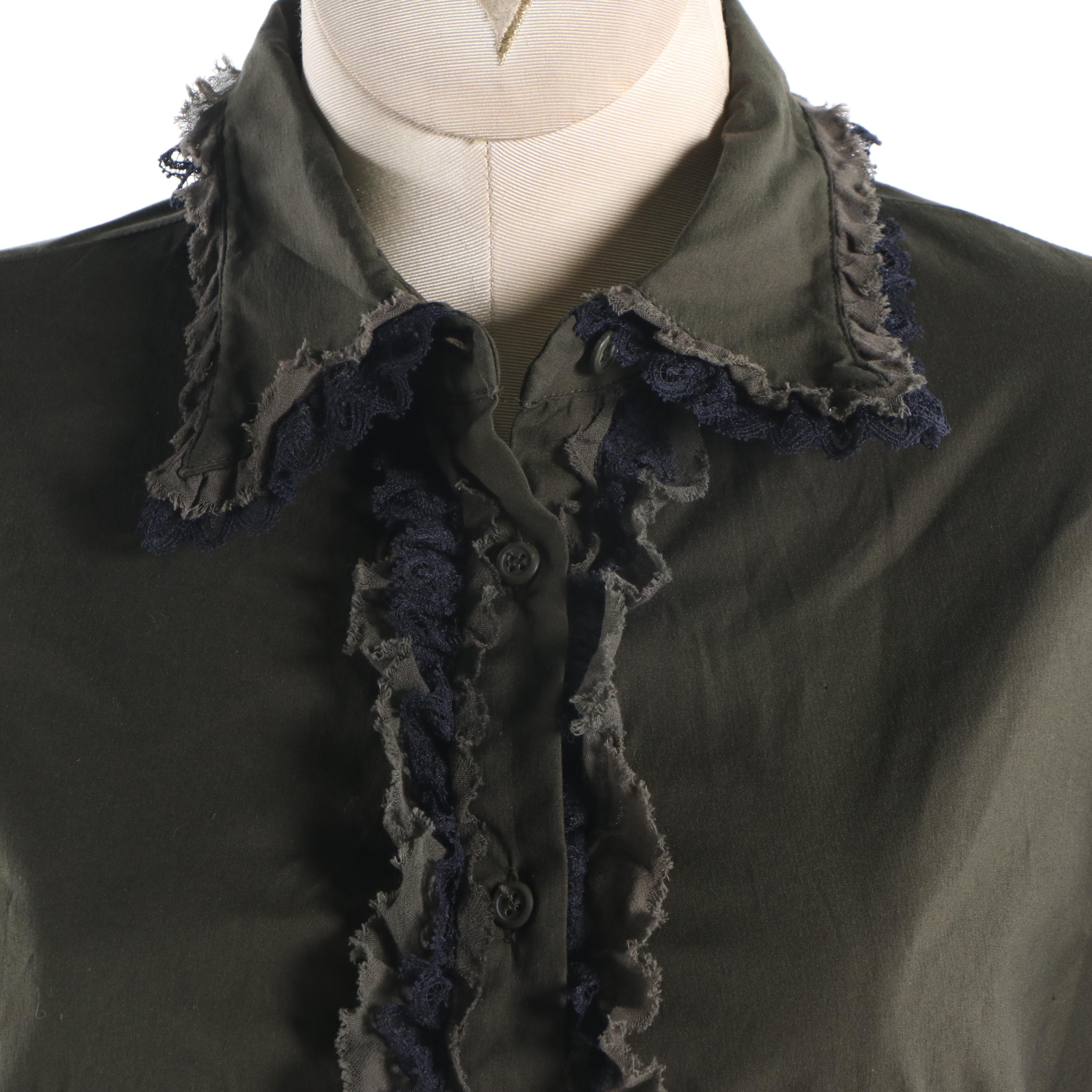 Women's Prada Olive and Black Ruffled Button-Front Blouse and Black Skirt
