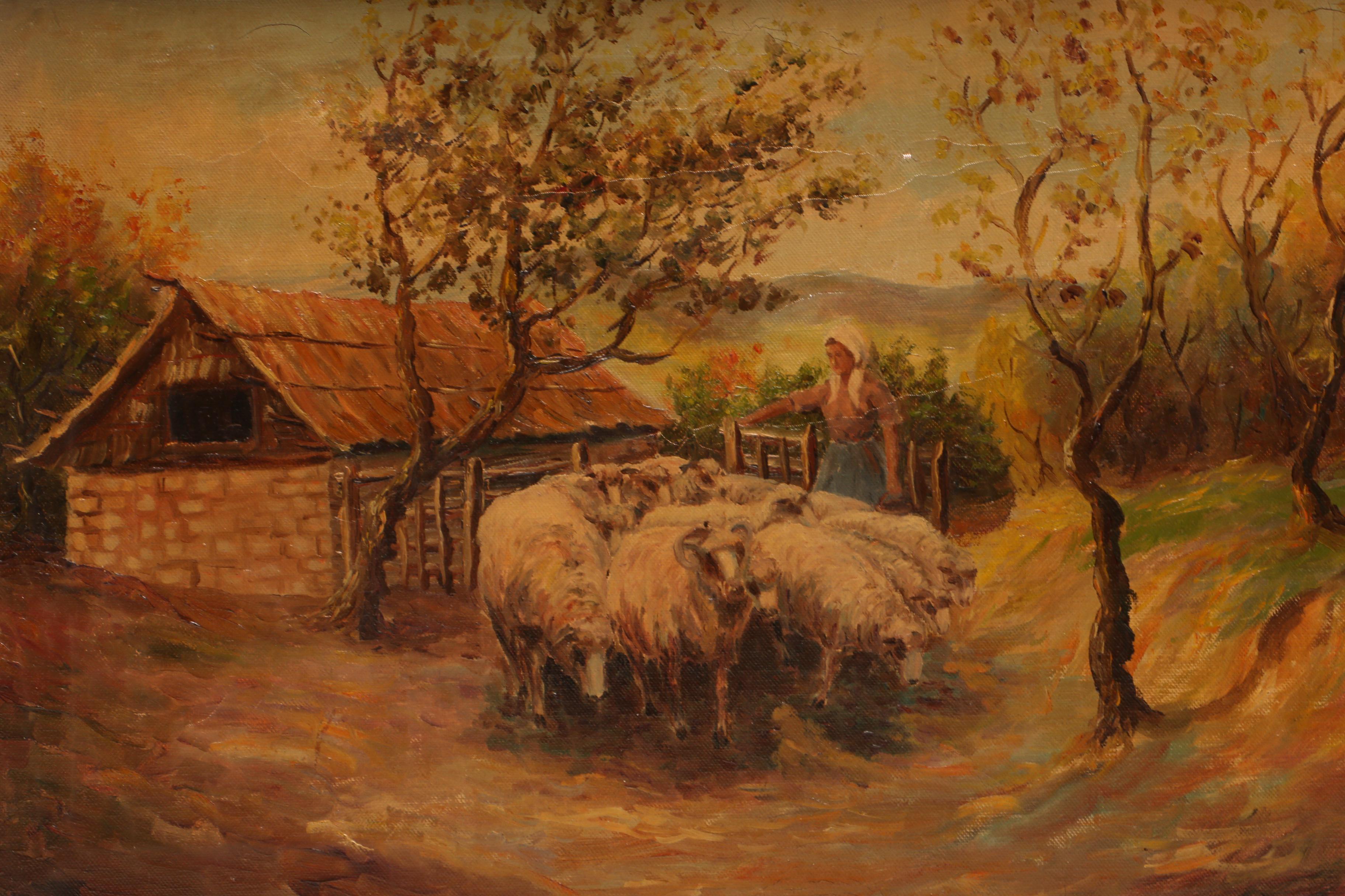 20th Century Pastoral Genre Scene Oil Painting