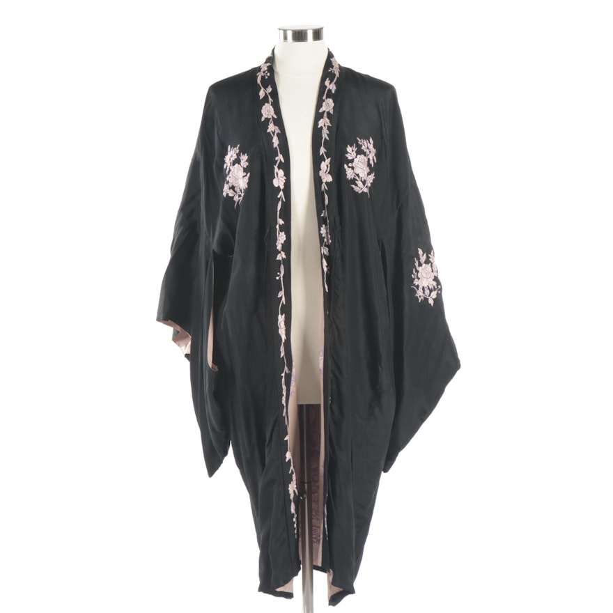 Black and Pink Embroidered Robe in Florals with Kimono Sleeves and Tassels