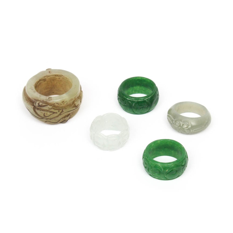 Chinese Carved Jadeite and Nephrite Rings