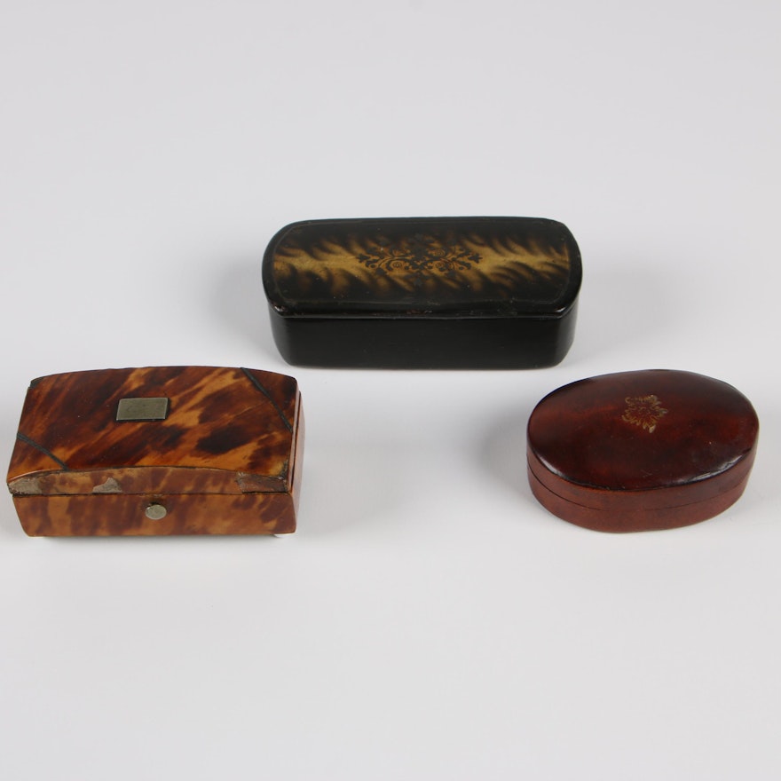 Papier-Mâché, Tortoiseshell Lacquer, and Leather Trinket Boxes, Late 19th C.