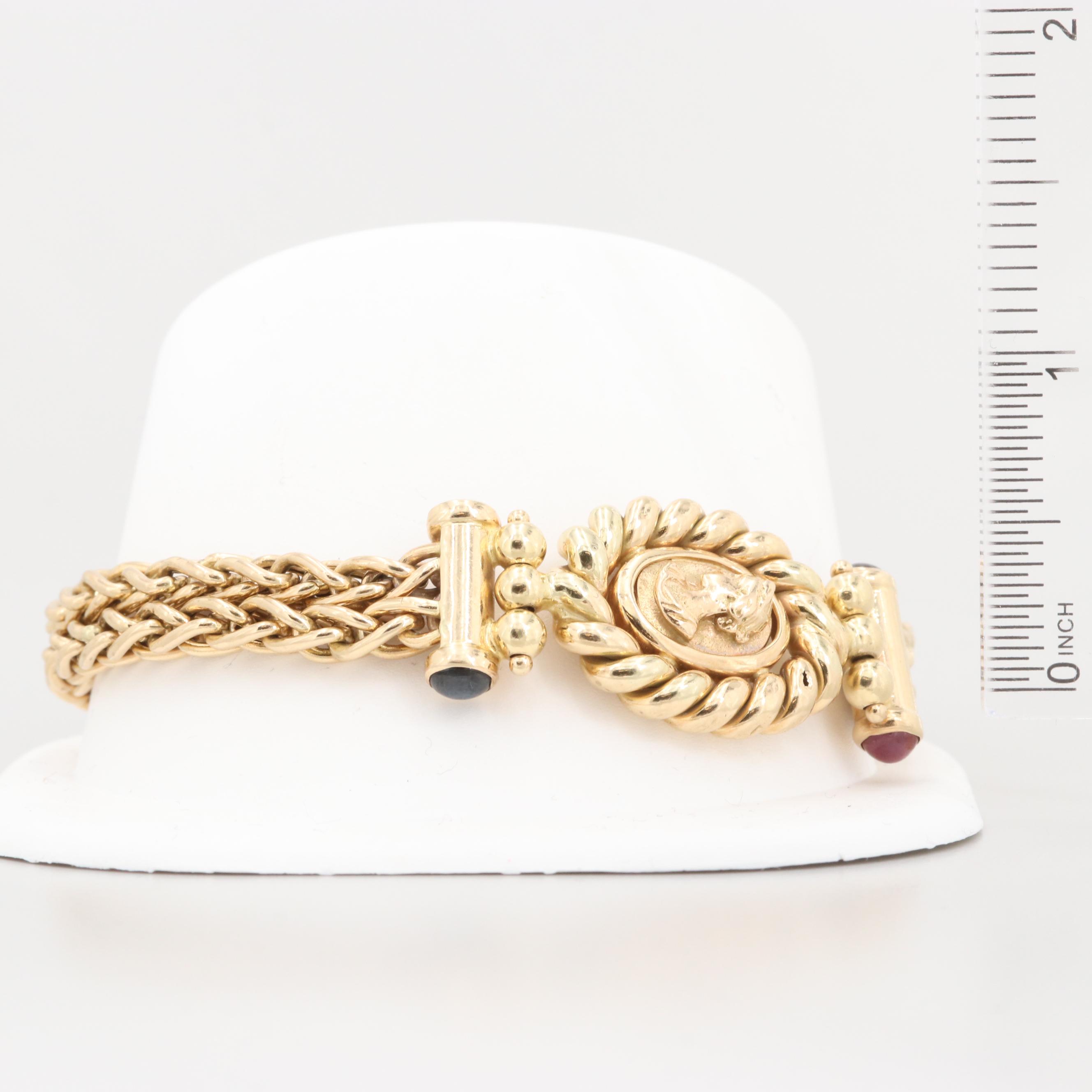 14K Yellow Gold Bracelet with Sapphire and Ruby Cabochons