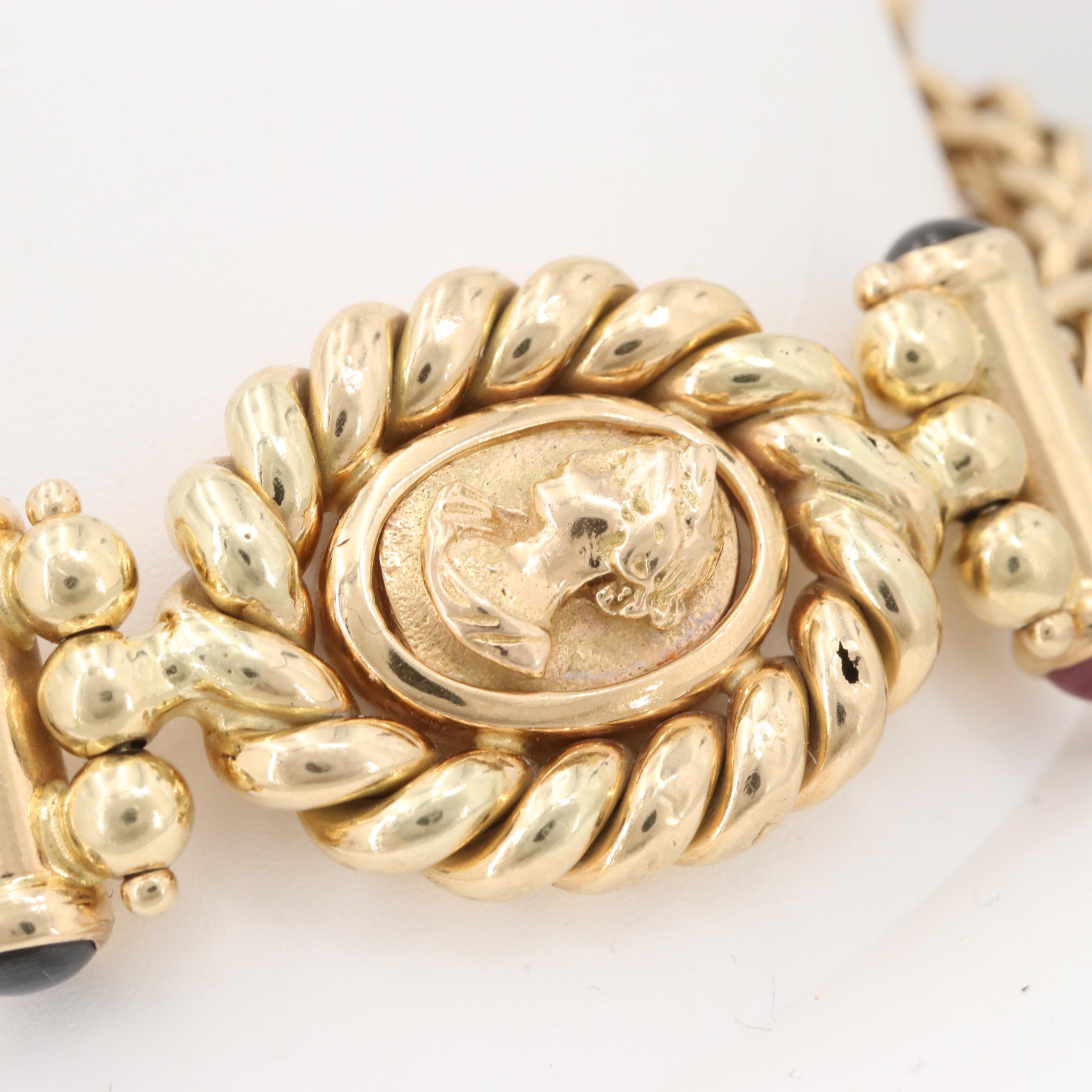 14K Yellow Gold Bracelet with Sapphire and Ruby Cabochons