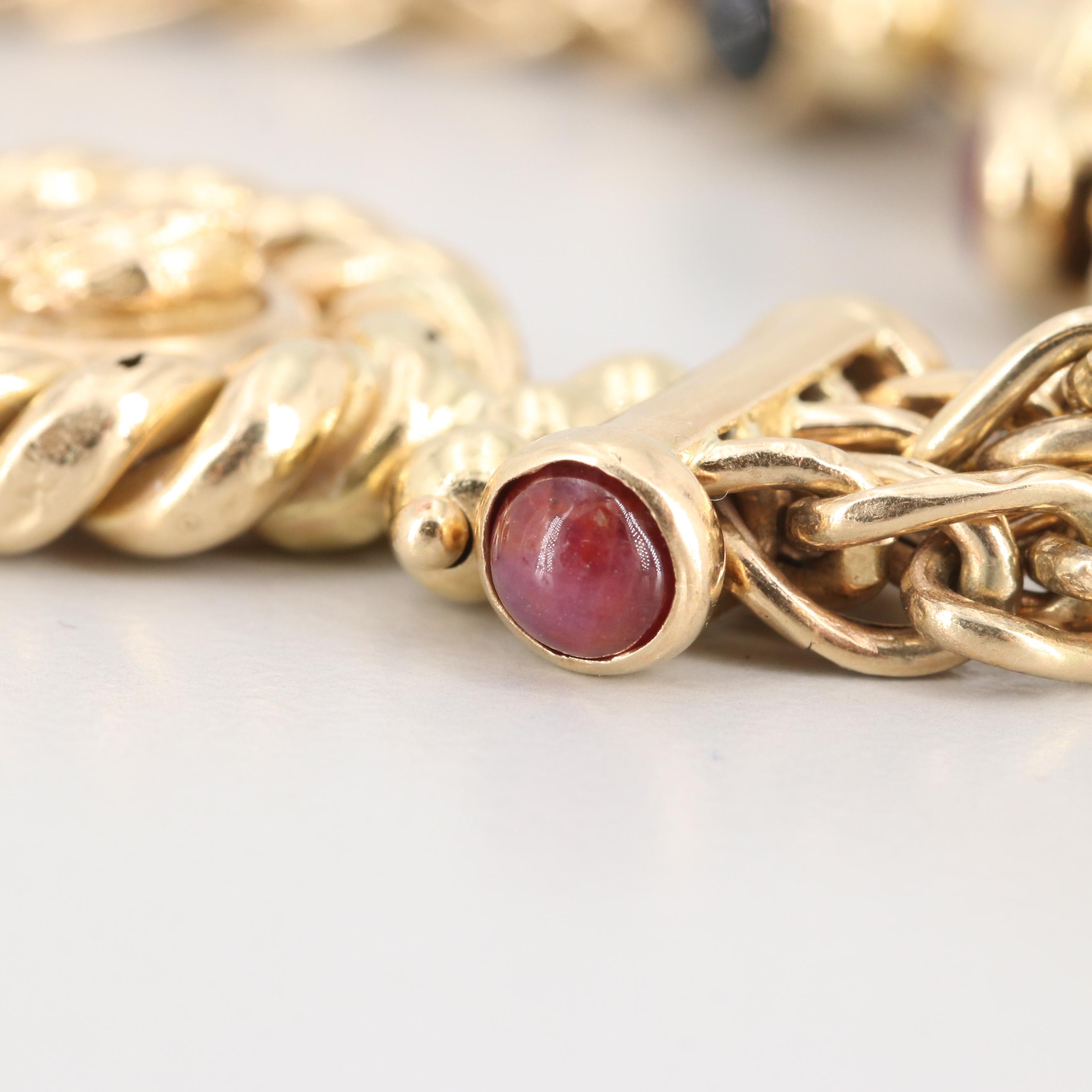 14K Yellow Gold Bracelet with Sapphire and Ruby Cabochons