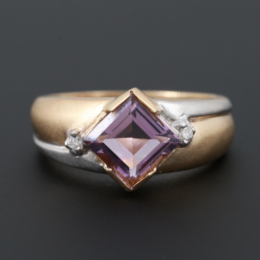 14K Yellow and White Gold Amethyst and Diamond Ring