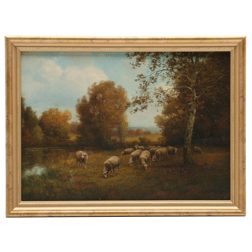 Charles Beauregard Oil Painting of Pastoral Scene with Sheep
