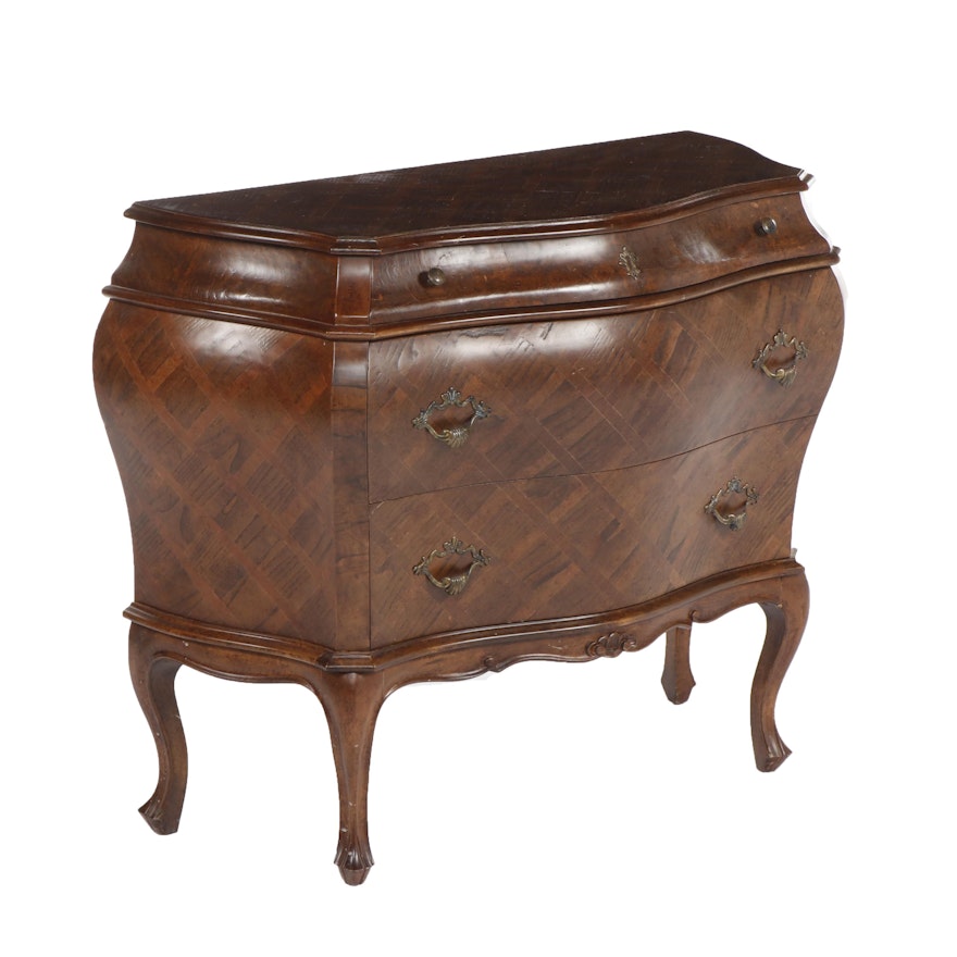 Contemporary Ethan Allen Italian Inlaid Burl Wood and Walnut Bombe Chest