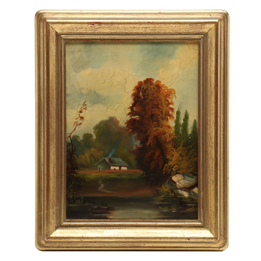 Minnie Bath Houser Oil Painting of House in Landscape