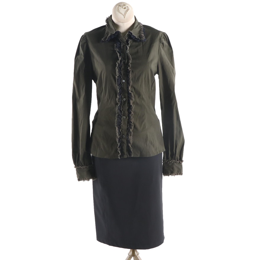 Women's Prada Olive and Black Ruffled Button-Front Blouse and Black Skirt