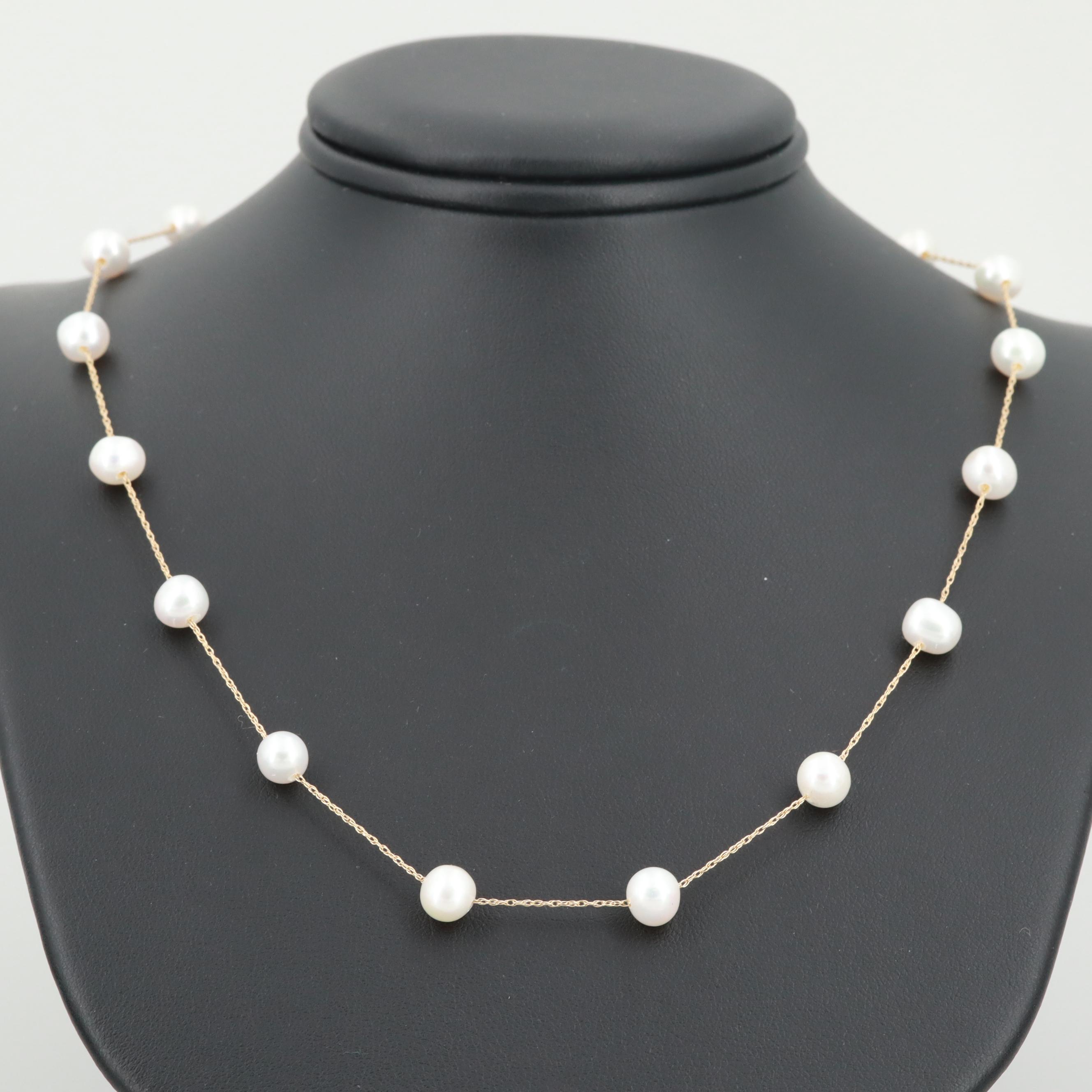 14K Yellow Gold Cultured Pearl Station Necklace