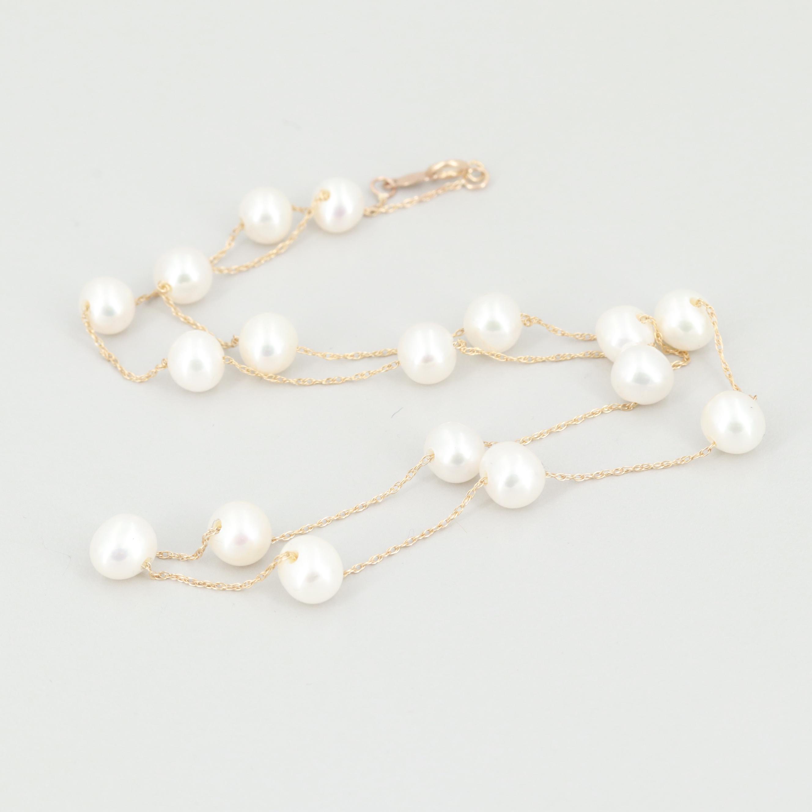 14K Yellow Gold Cultured Pearl Station Necklace