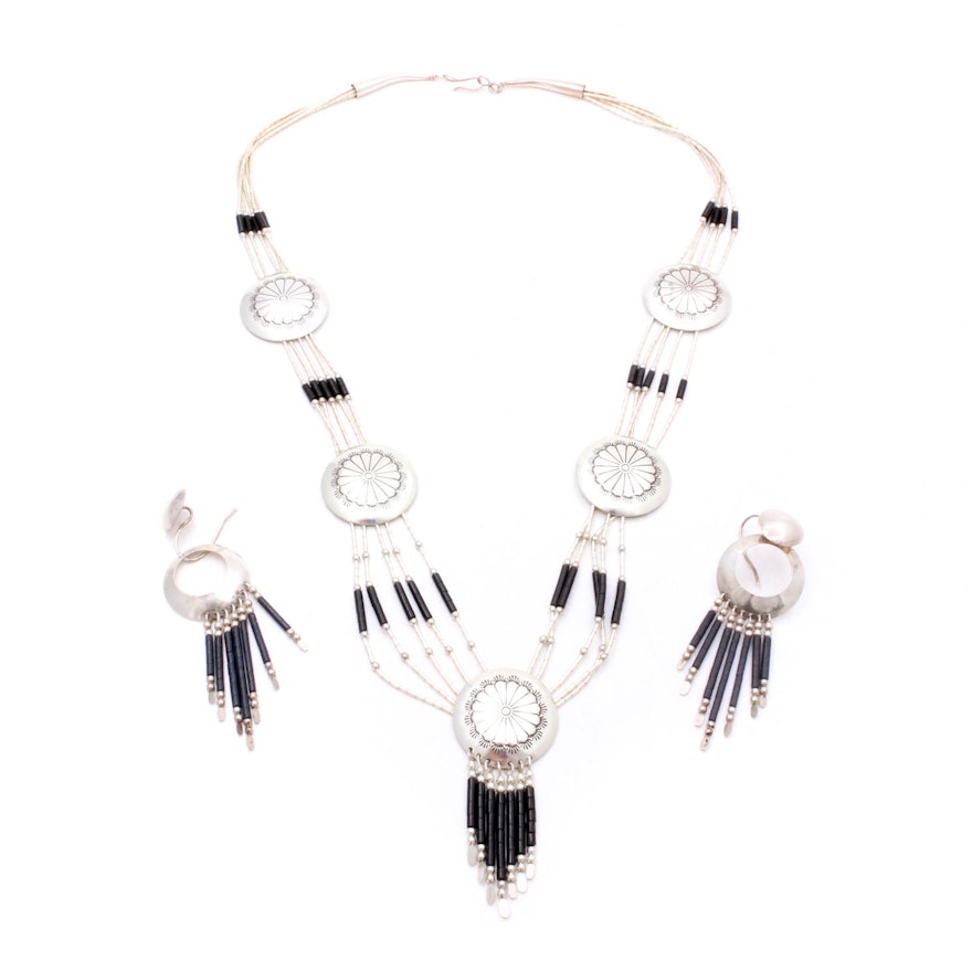 Sterling Silver Onyx Bead Southwest Style Necklace and Earrings Parure