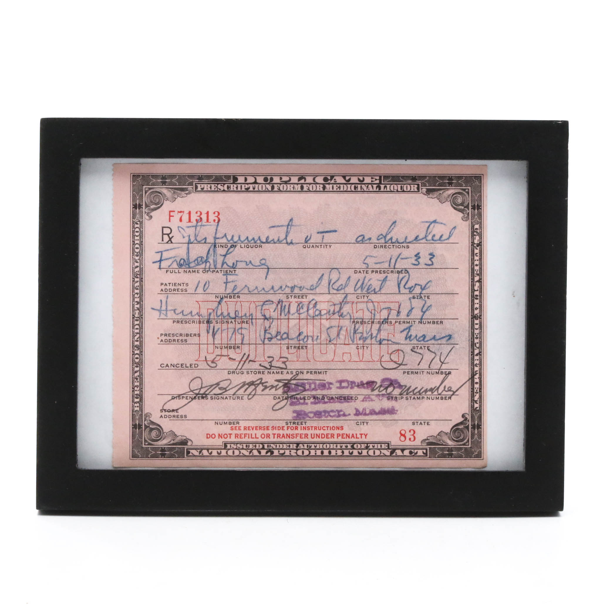 1933 Prohibition Era Medical Prescription for Alcohol Duplicate