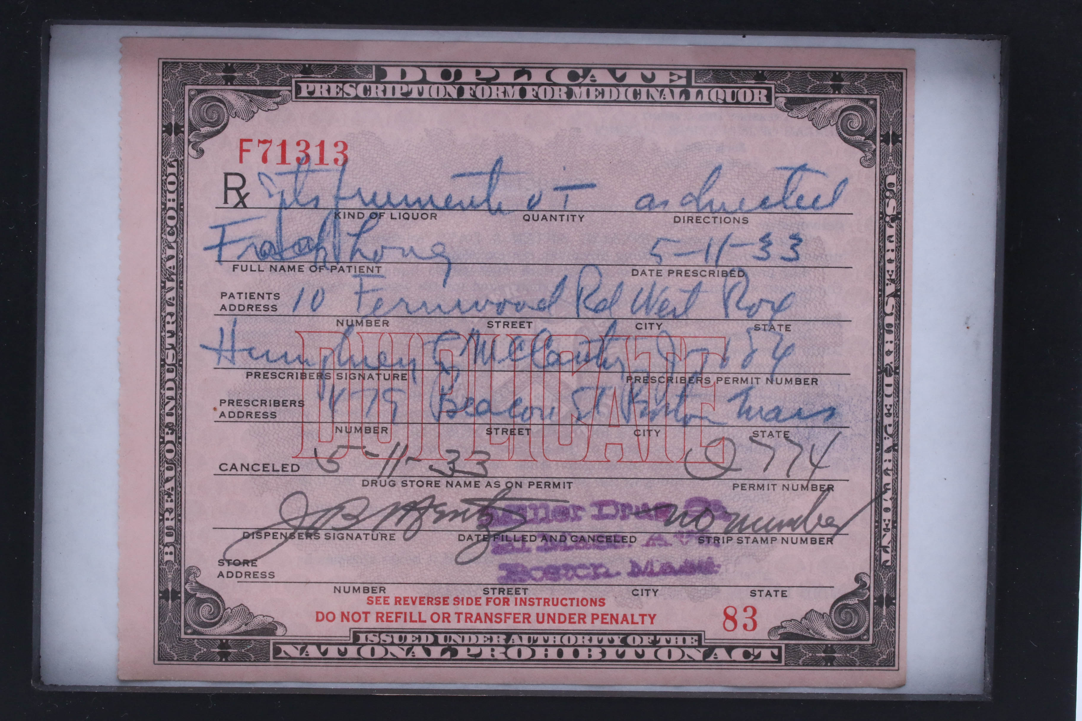 1933 Prohibition Era Medical Prescription for Alcohol Duplicate