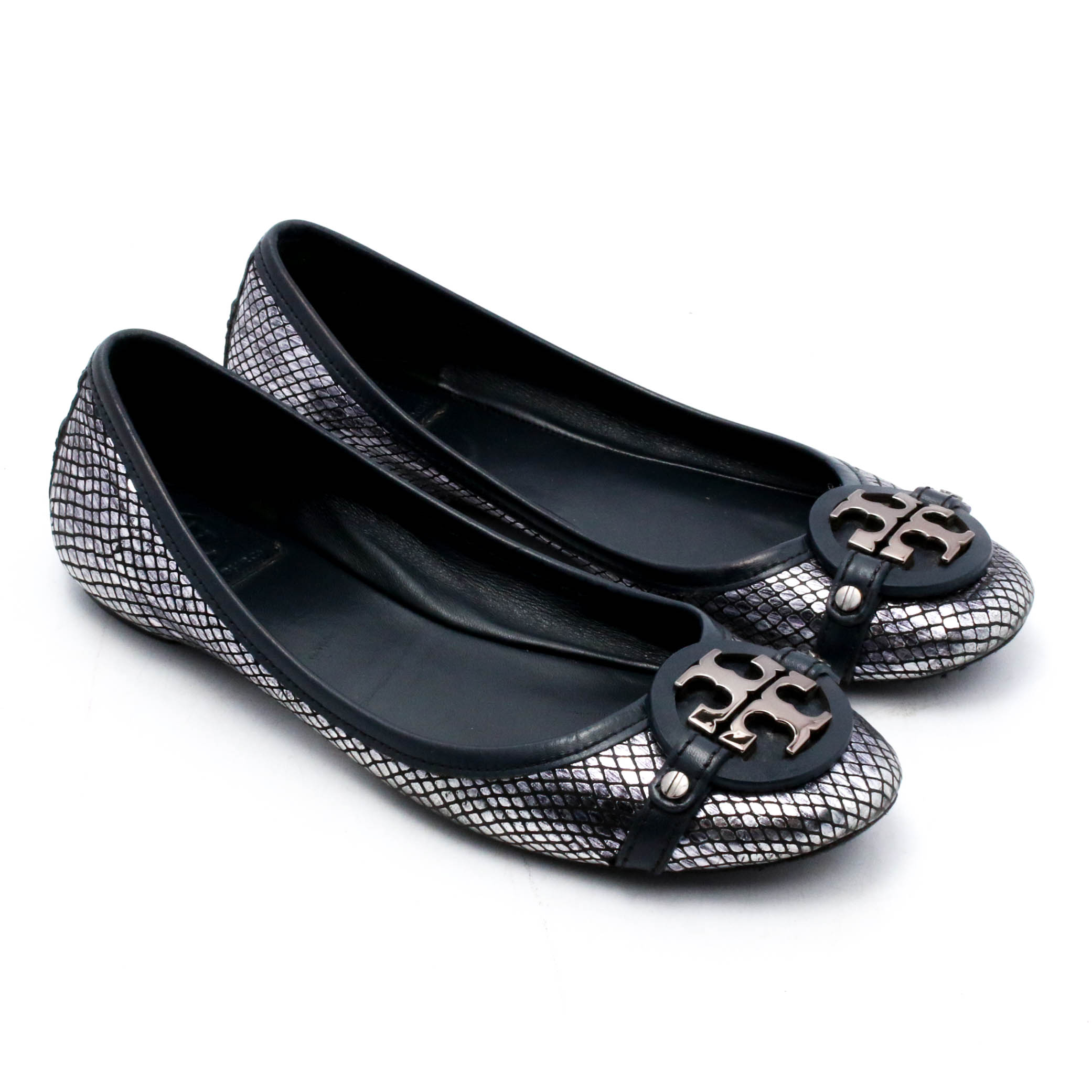 Tory Burch Silver Metallic and Black Leather Flats