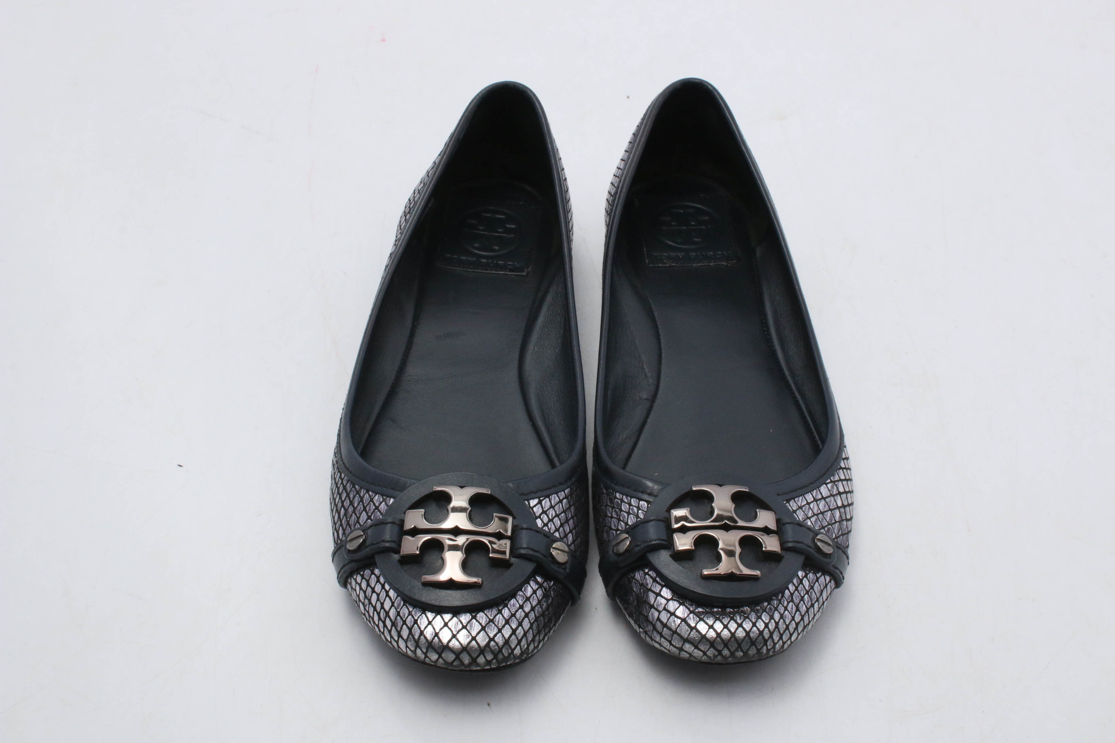 Tory Burch Silver Metallic and Black Leather Flats