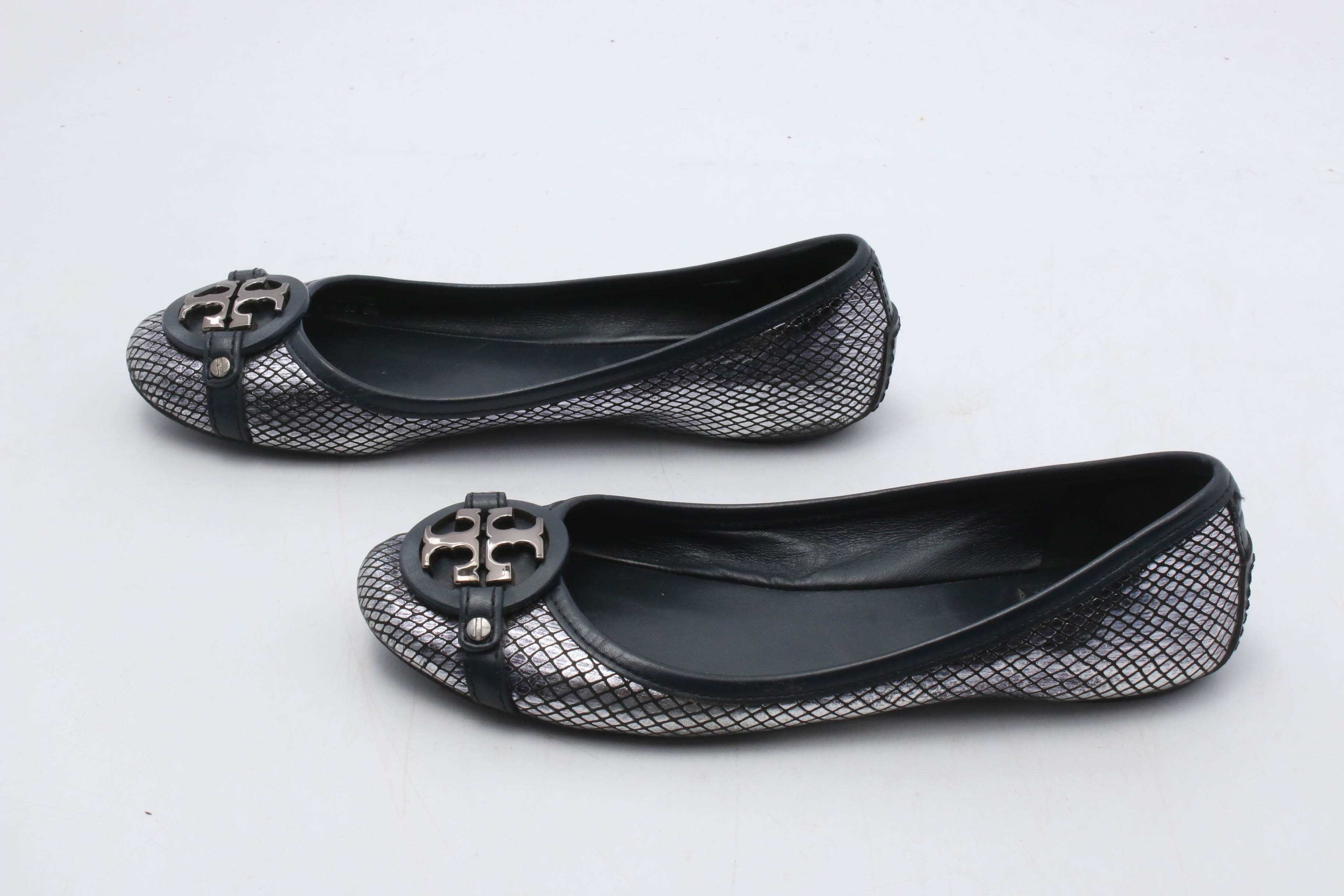 Tory Burch Silver Metallic and Black Leather Flats