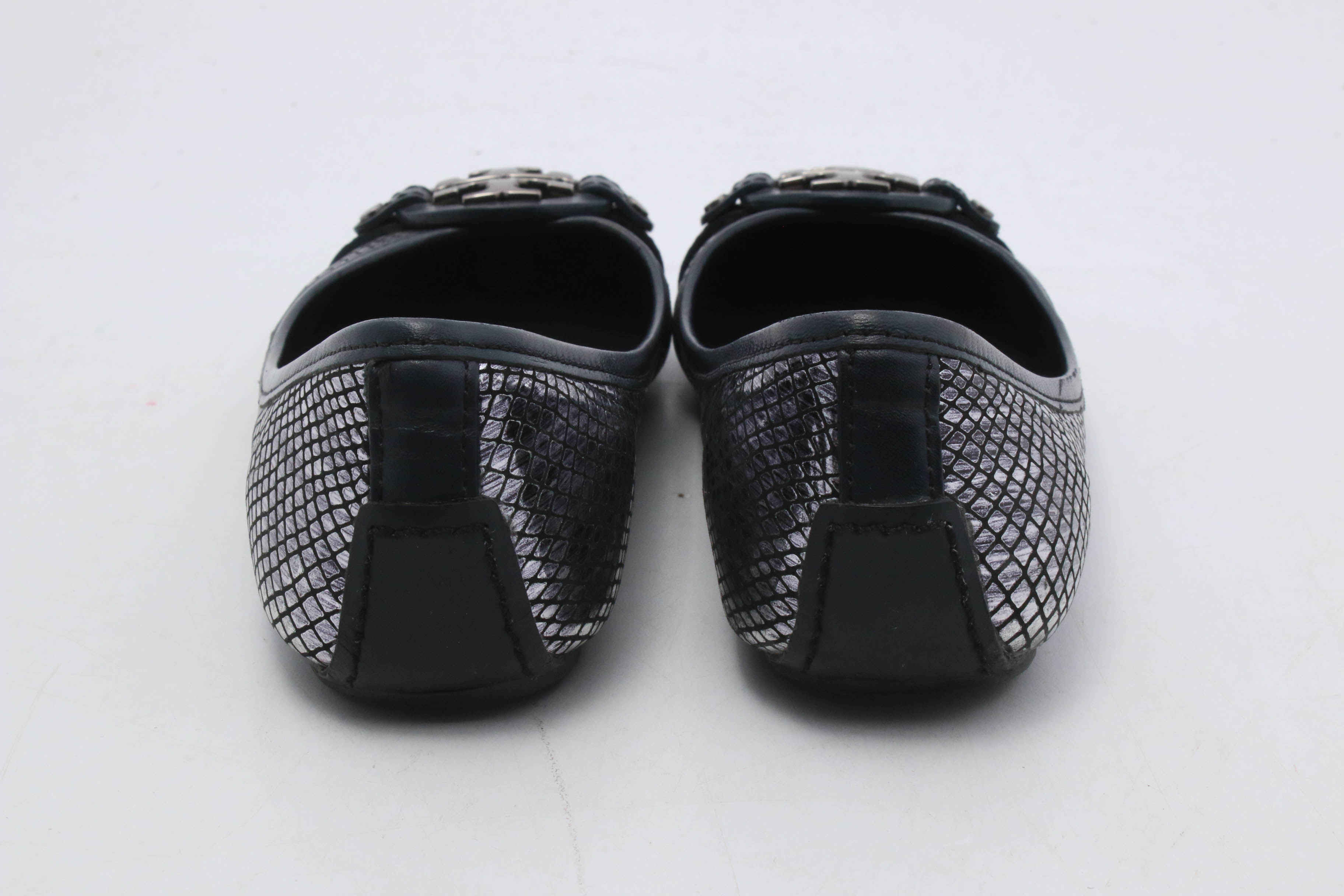 Tory Burch Silver Metallic and Black Leather Flats