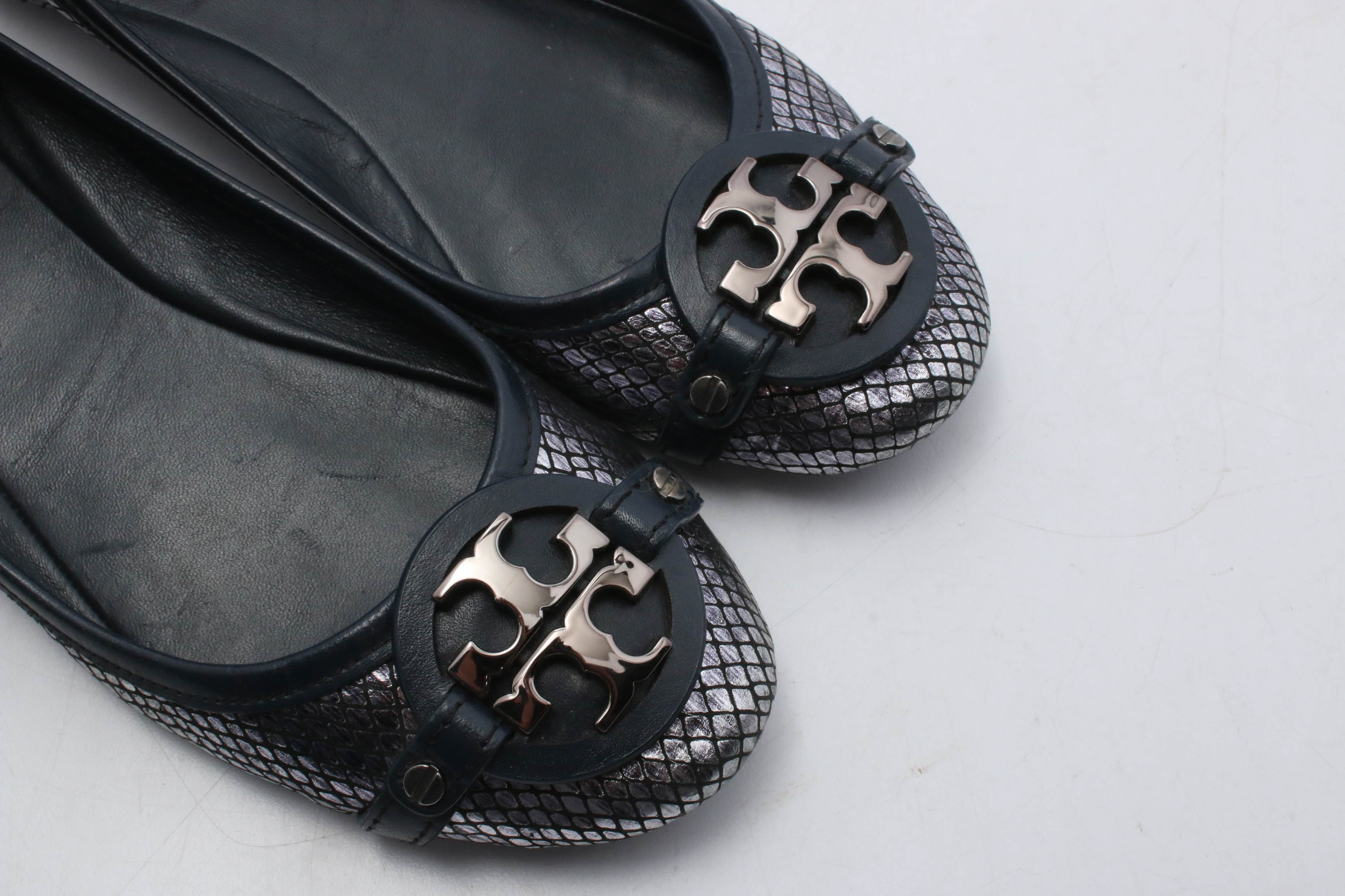 Tory Burch Silver Metallic and Black Leather Flats
