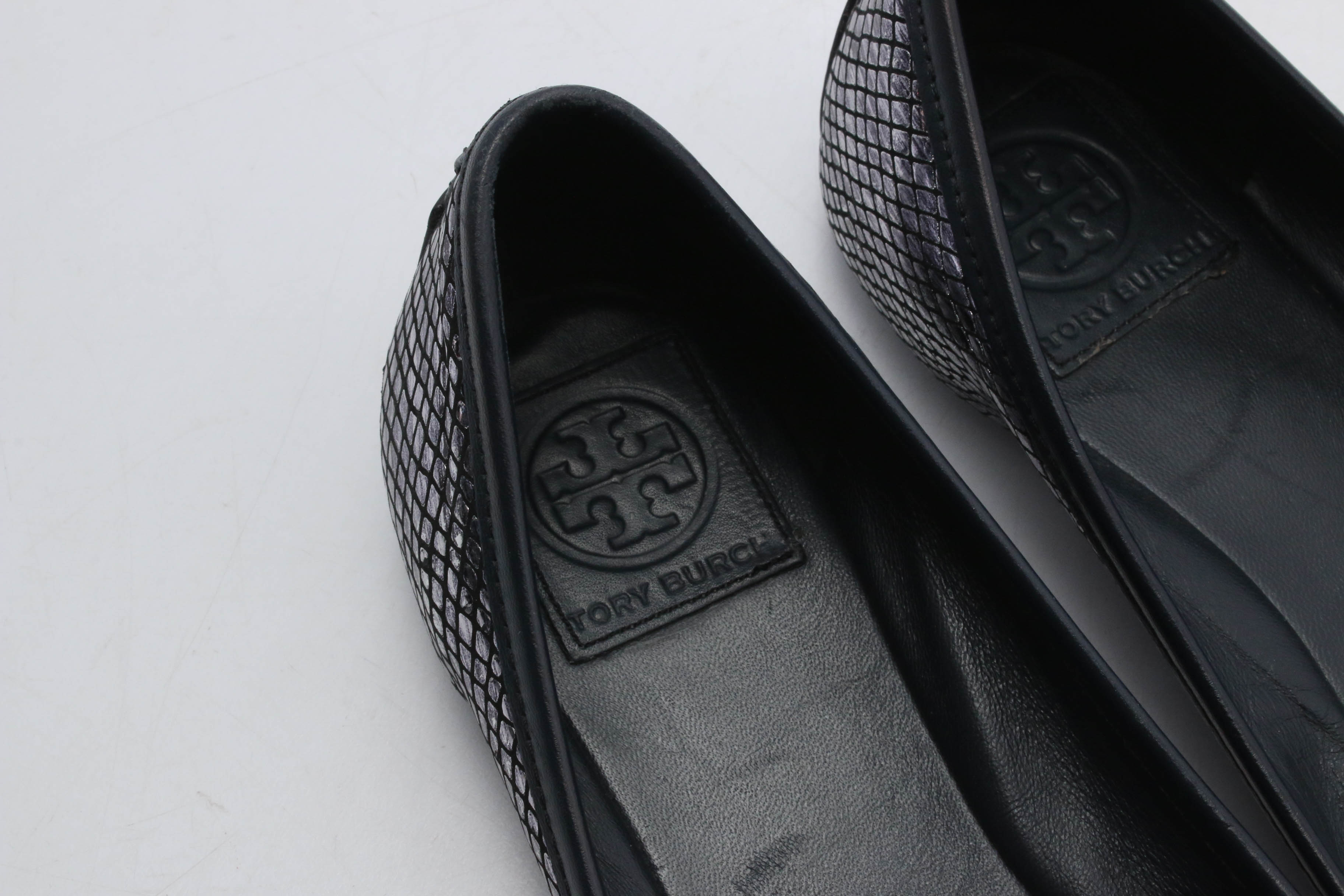 Tory Burch Silver Metallic and Black Leather Flats