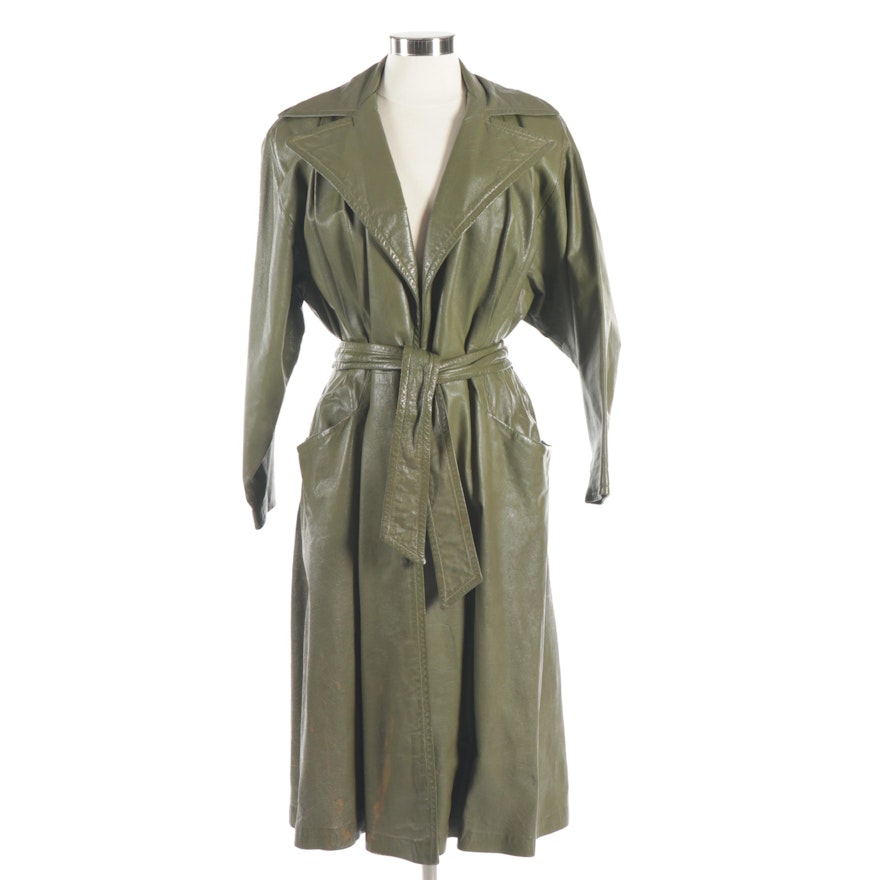 Samuel Robert Olive Green Leather Trench Coat, Vintage