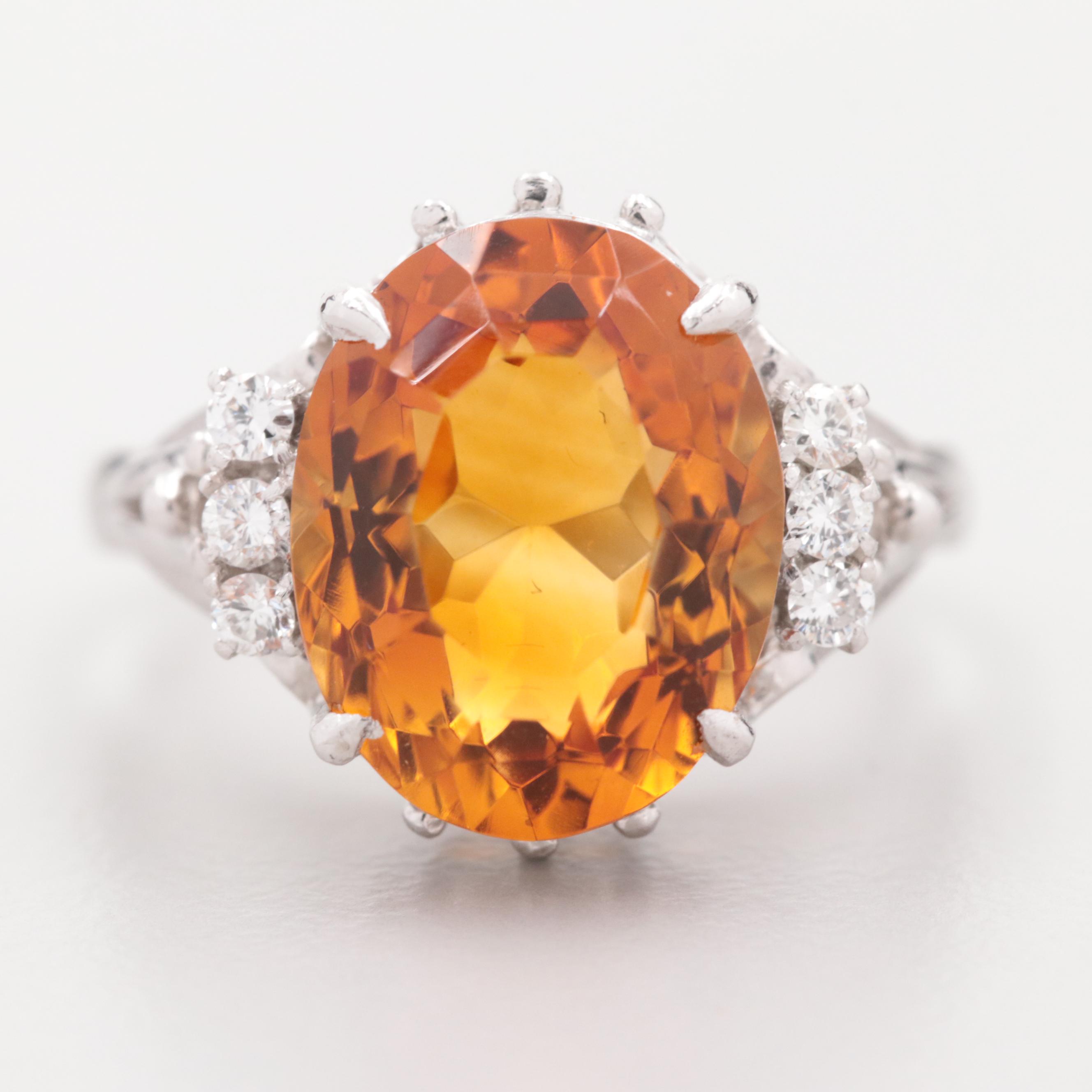 Platinum Citrine and Diamond Ring