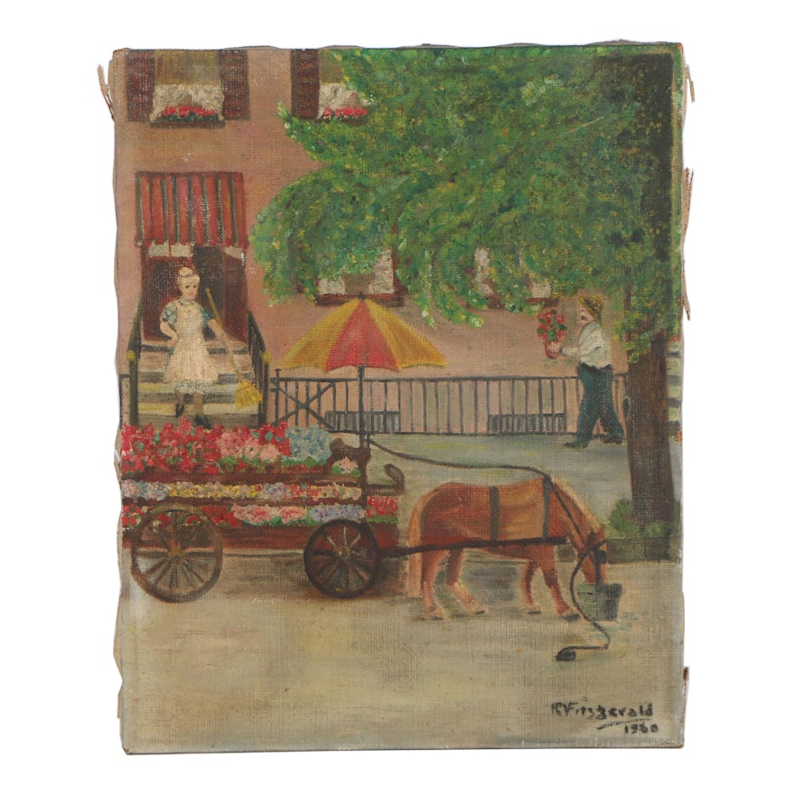 R. Fitzgerald 1930 Oil Painting of Figural Street Scene