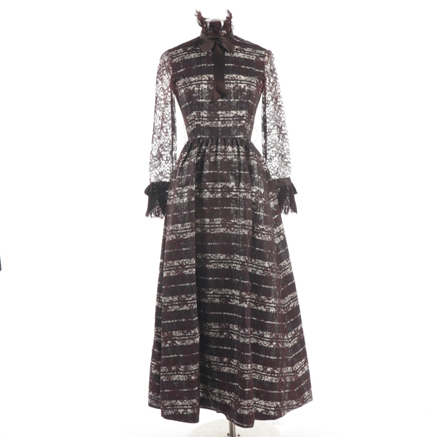 Geoffrey Beene Boutique Tartan and Lace Overlay High Neck Dress, 1970s Vintage