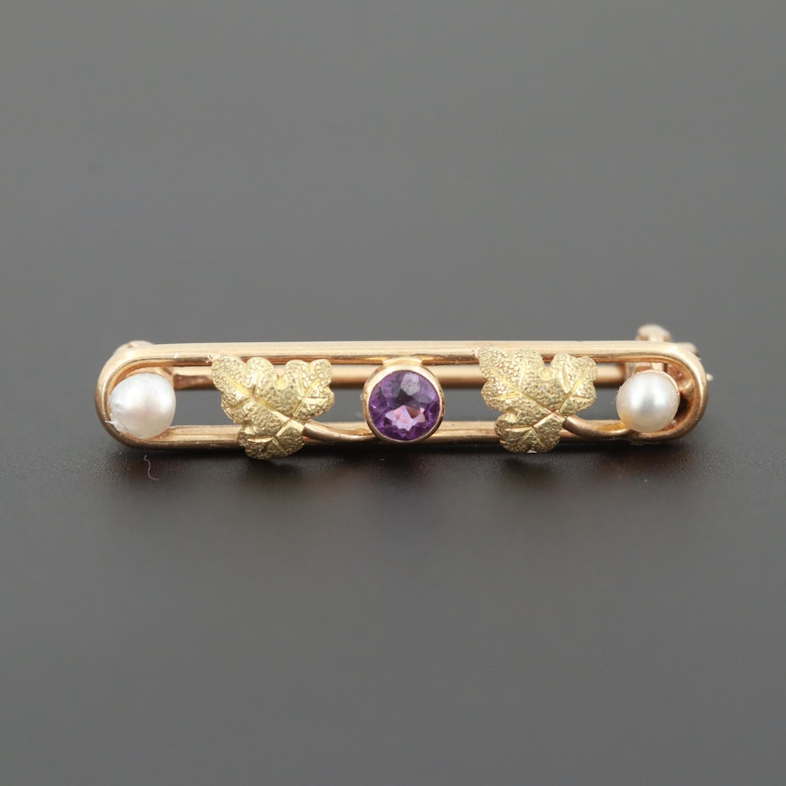 Circa 1910 14K Yellow Gold Amethyst and Seed Pearl Lingerie Pin