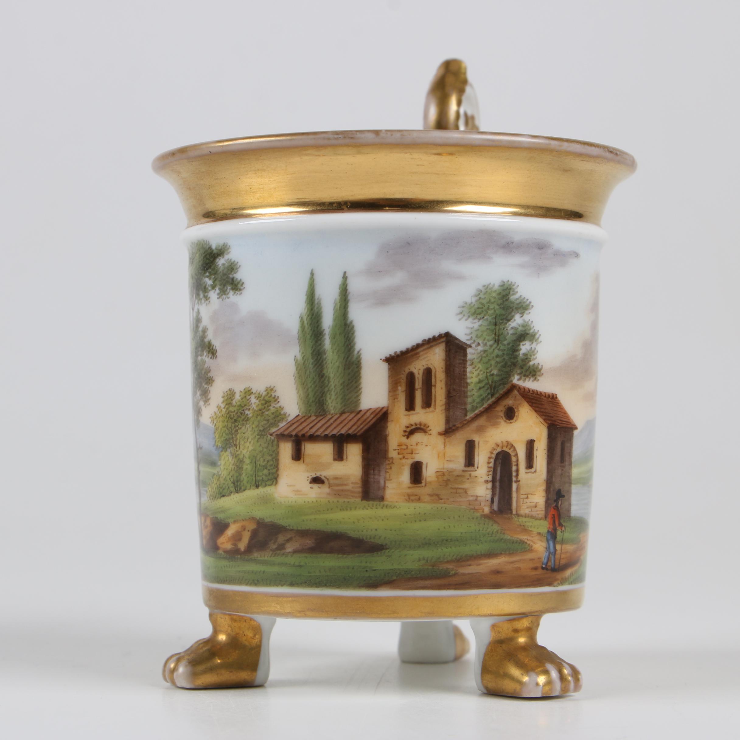 Old Paris Hand-Painted Porcelain Mug with Landscape, 19th Century