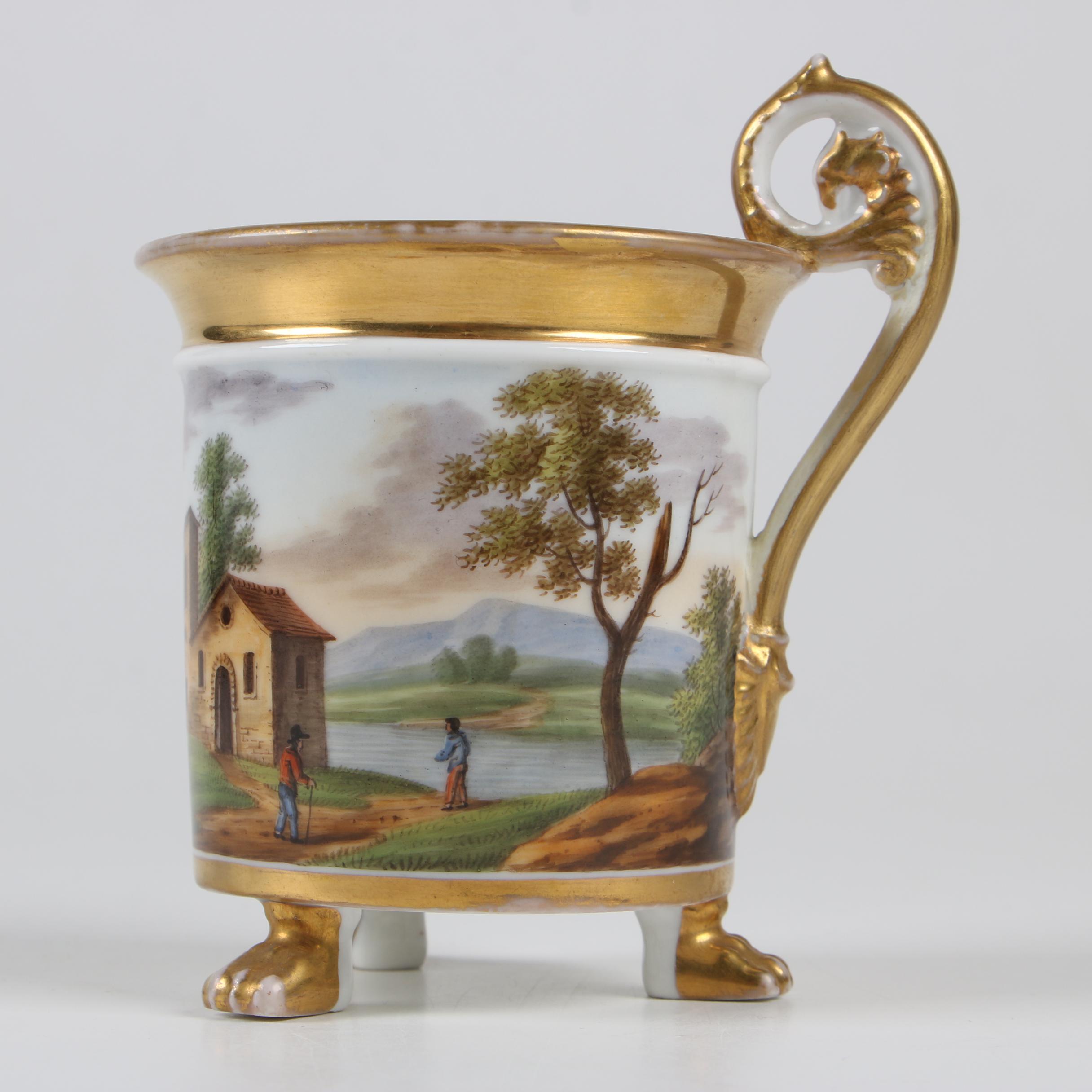 Old Paris Hand-Painted Porcelain Mug with Landscape, 19th Century