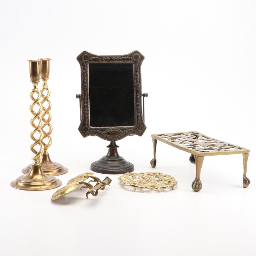 Candle Holders, Letter Opener, Mirror, and Col Williamsburg Cypher Trivet, 1950