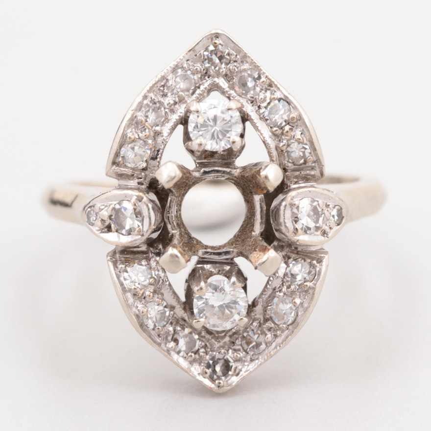 Vintage 14K White Gold Diamond Semi Mount Ring