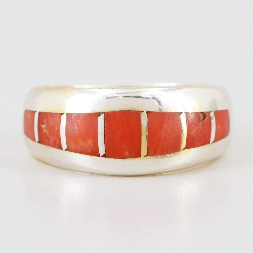 Sterling Silver Coral Ring with 14K Yellow Gold Insert