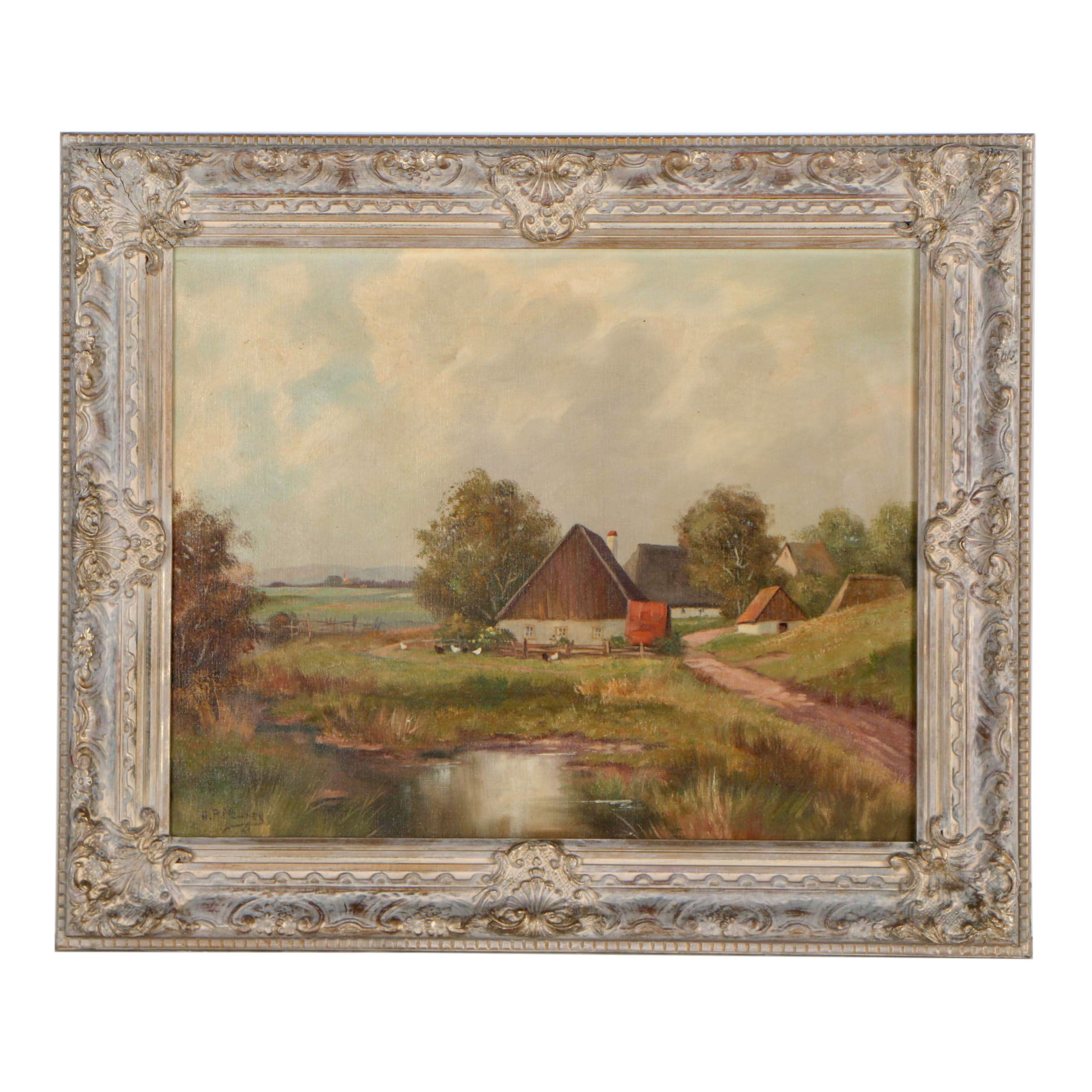 H. Pillinger Farm Landscape Oil Painting