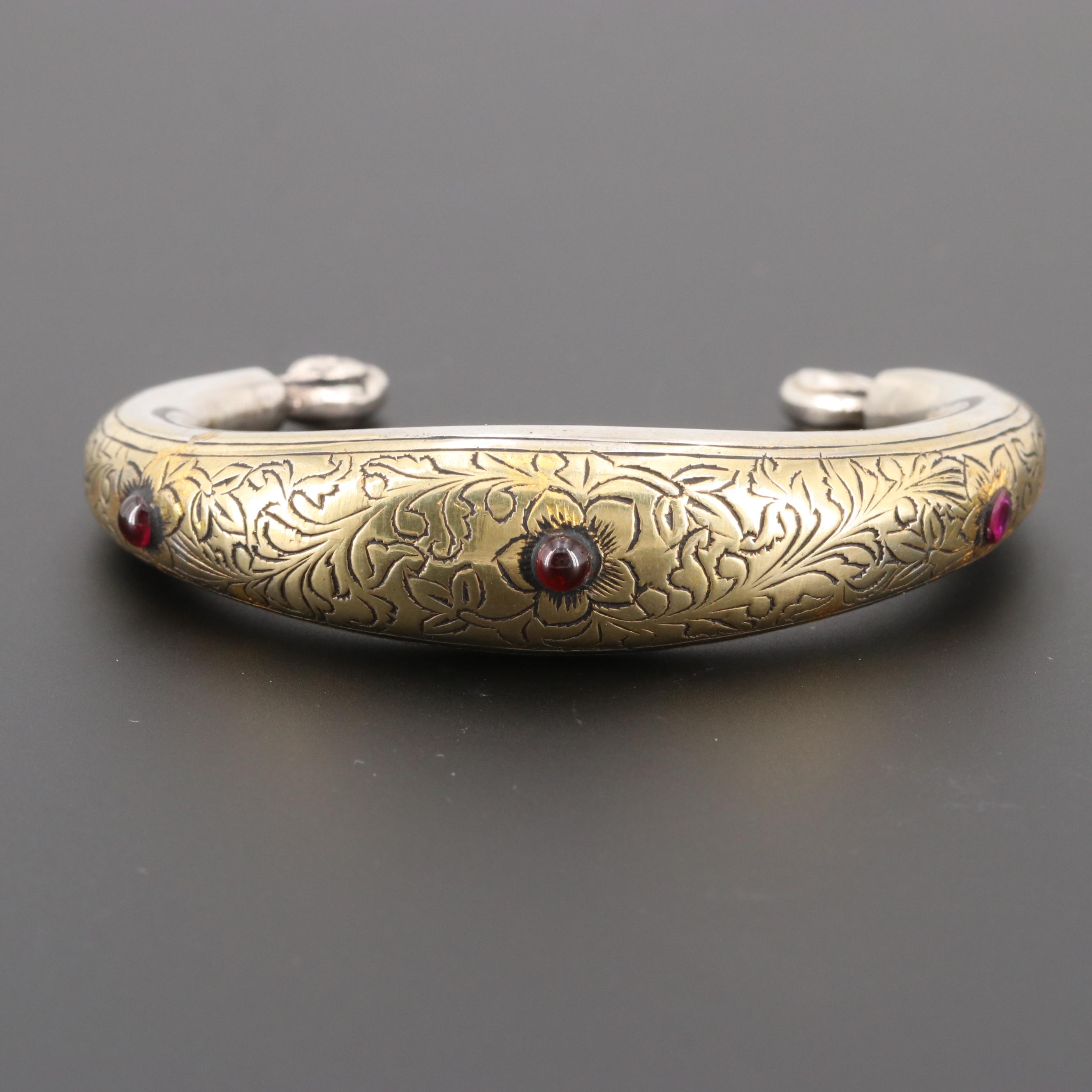 Central Asian Style 800 Silver Rhodolite Garnet Bracelet with Gold Wash Accents