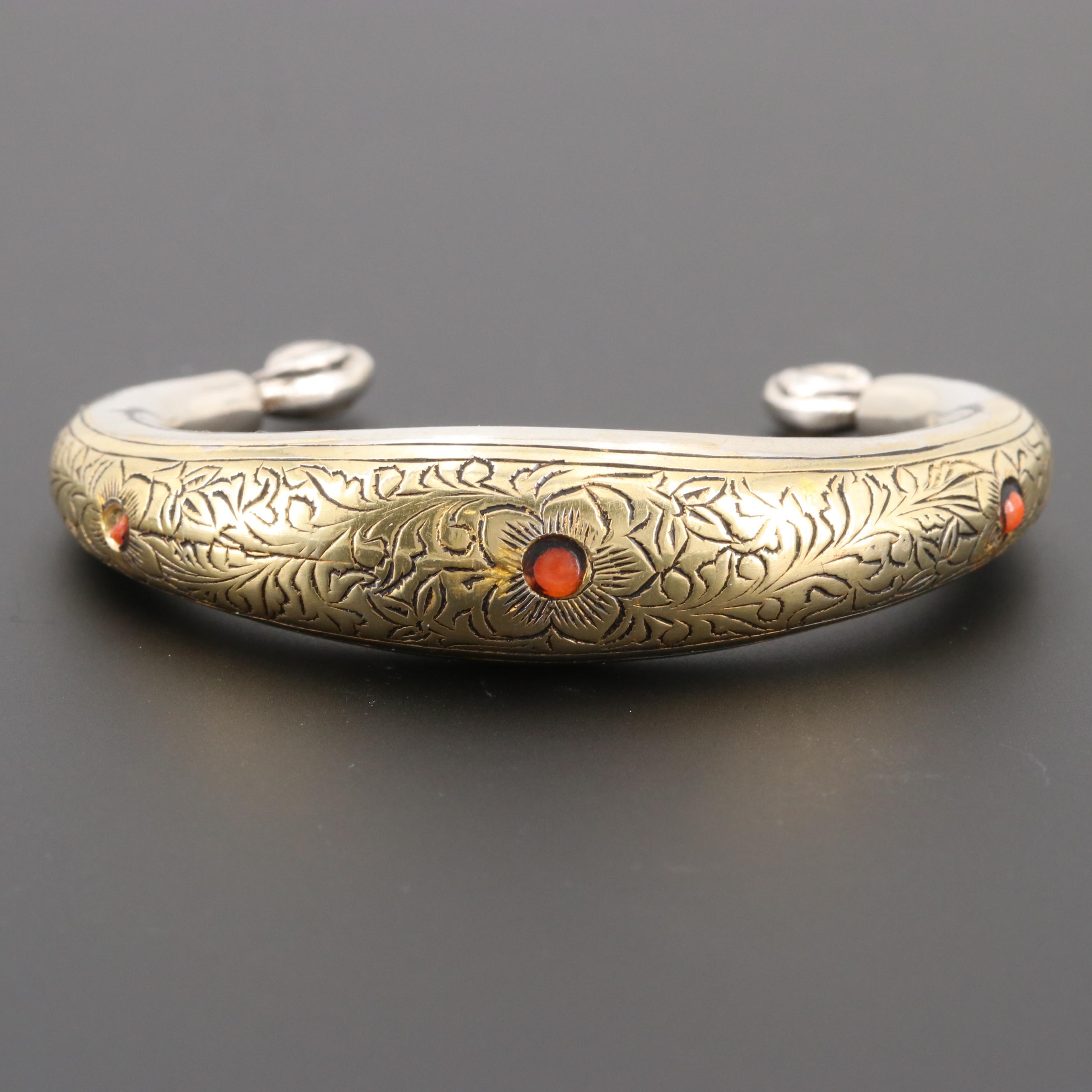 Central Asian Style 800 Silver Coral Etched Cuff Bracelet with Gold Wash