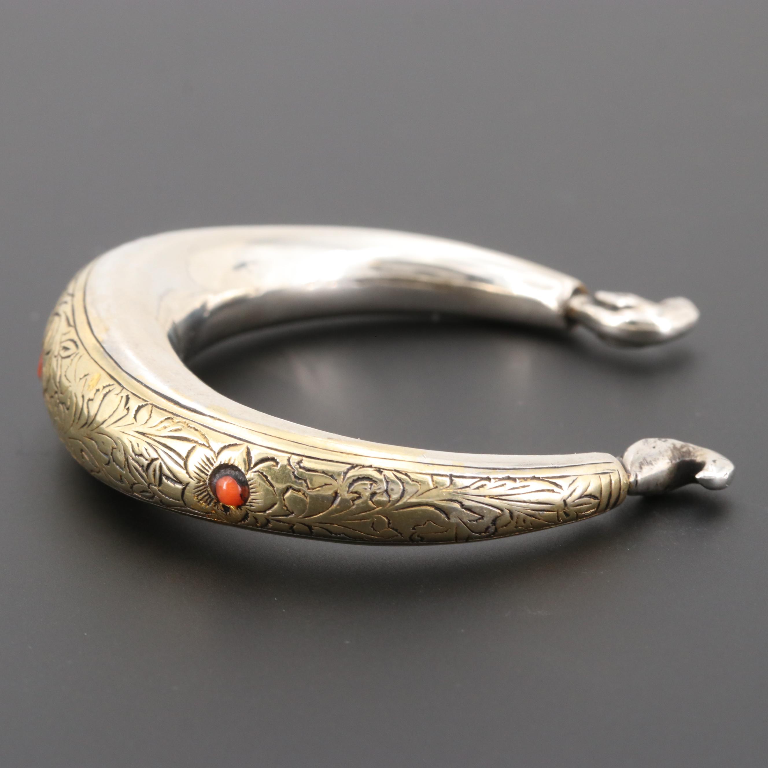 Central Asian Style 800 Silver Coral Etched Cuff Bracelet with Gold Wash