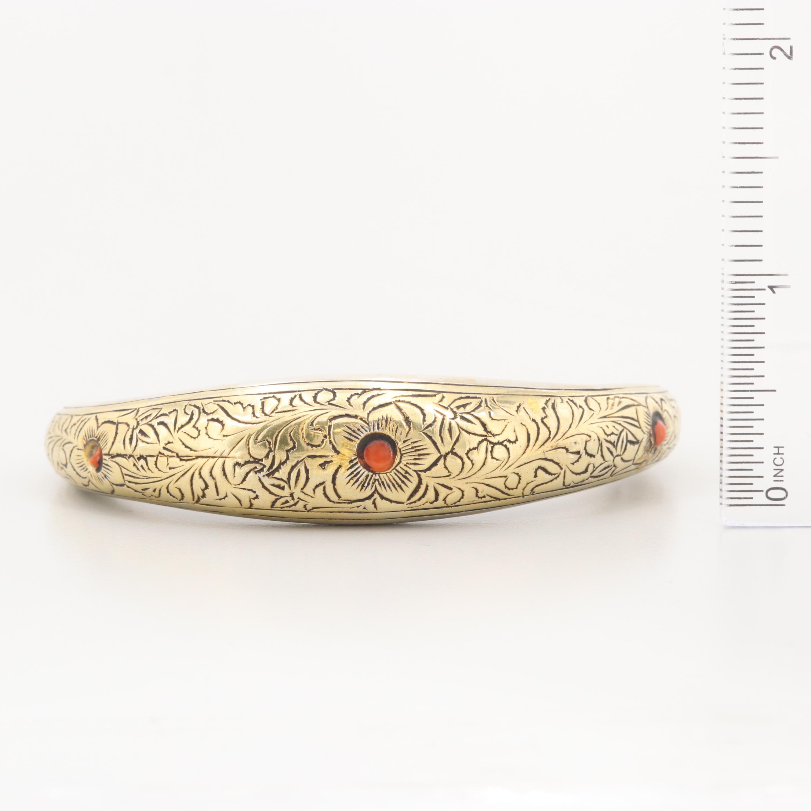 Central Asian Style 800 Silver Coral Etched Cuff Bracelet with Gold Wash