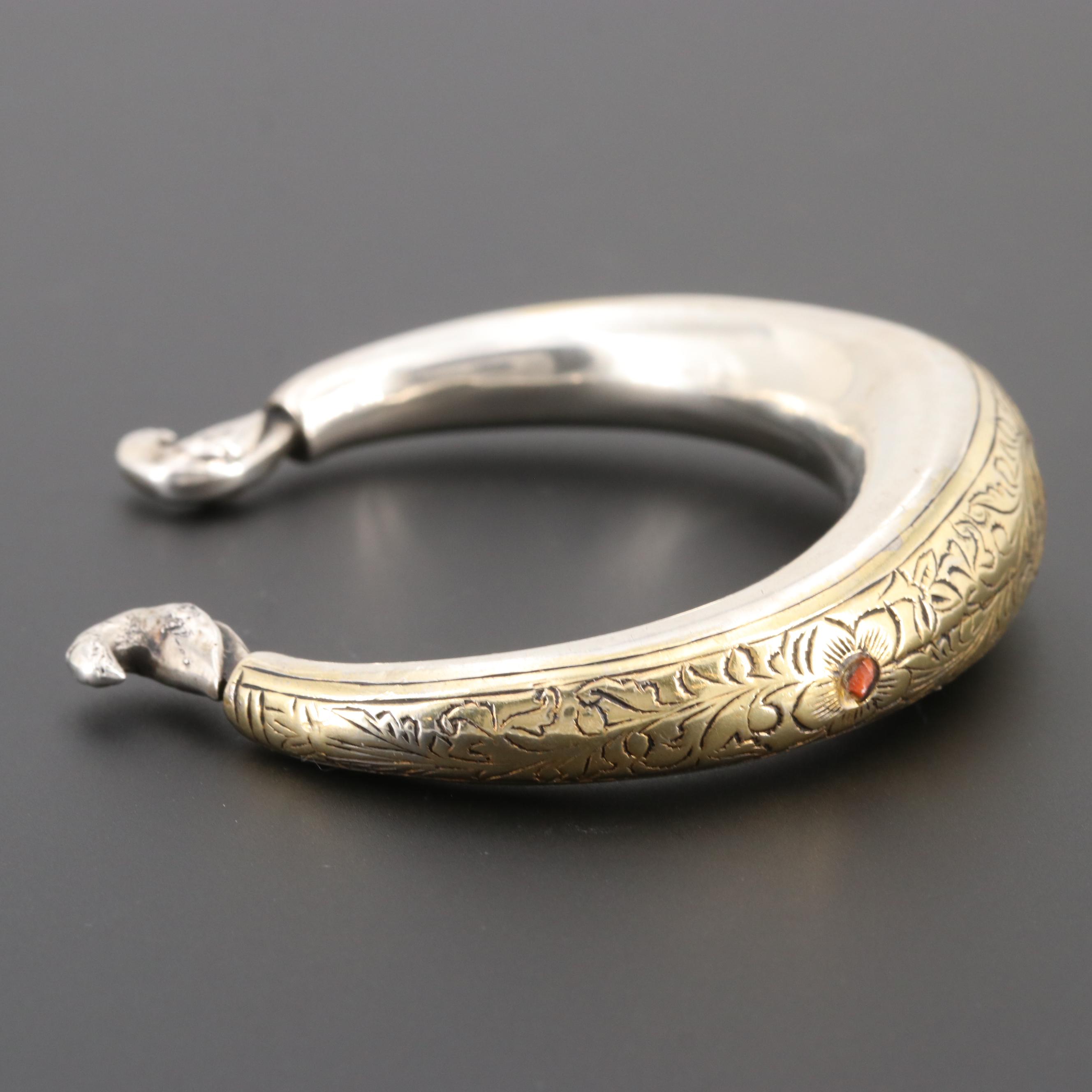 Central Asian Style 800 Silver Coral Etched Cuff Bracelet with Gold Wash