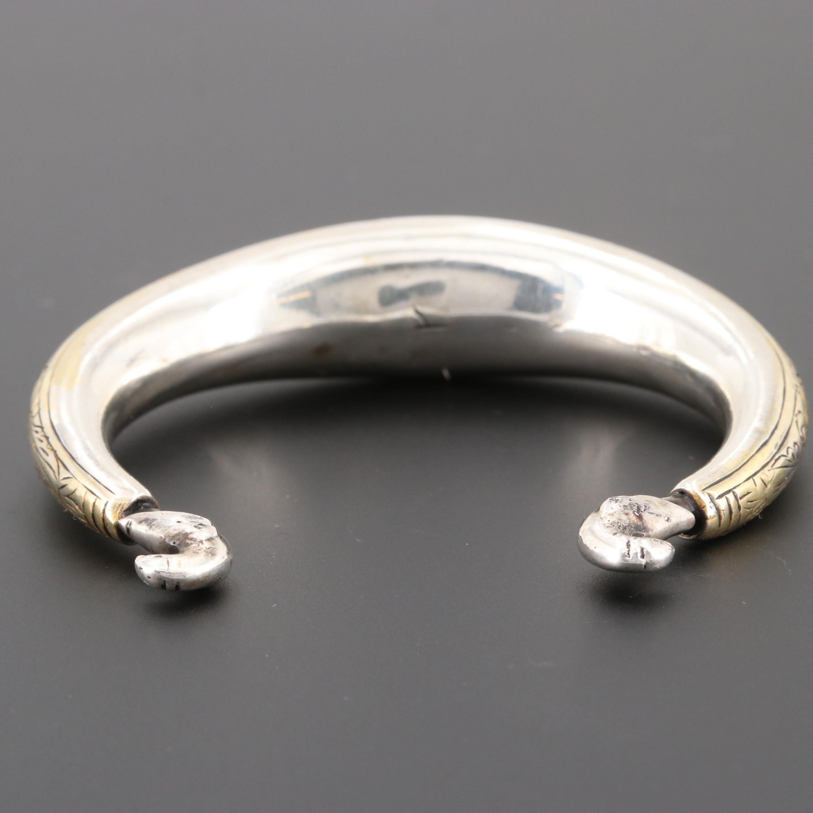 Central Asian Style 800 Silver Coral Etched Cuff Bracelet with Gold Wash