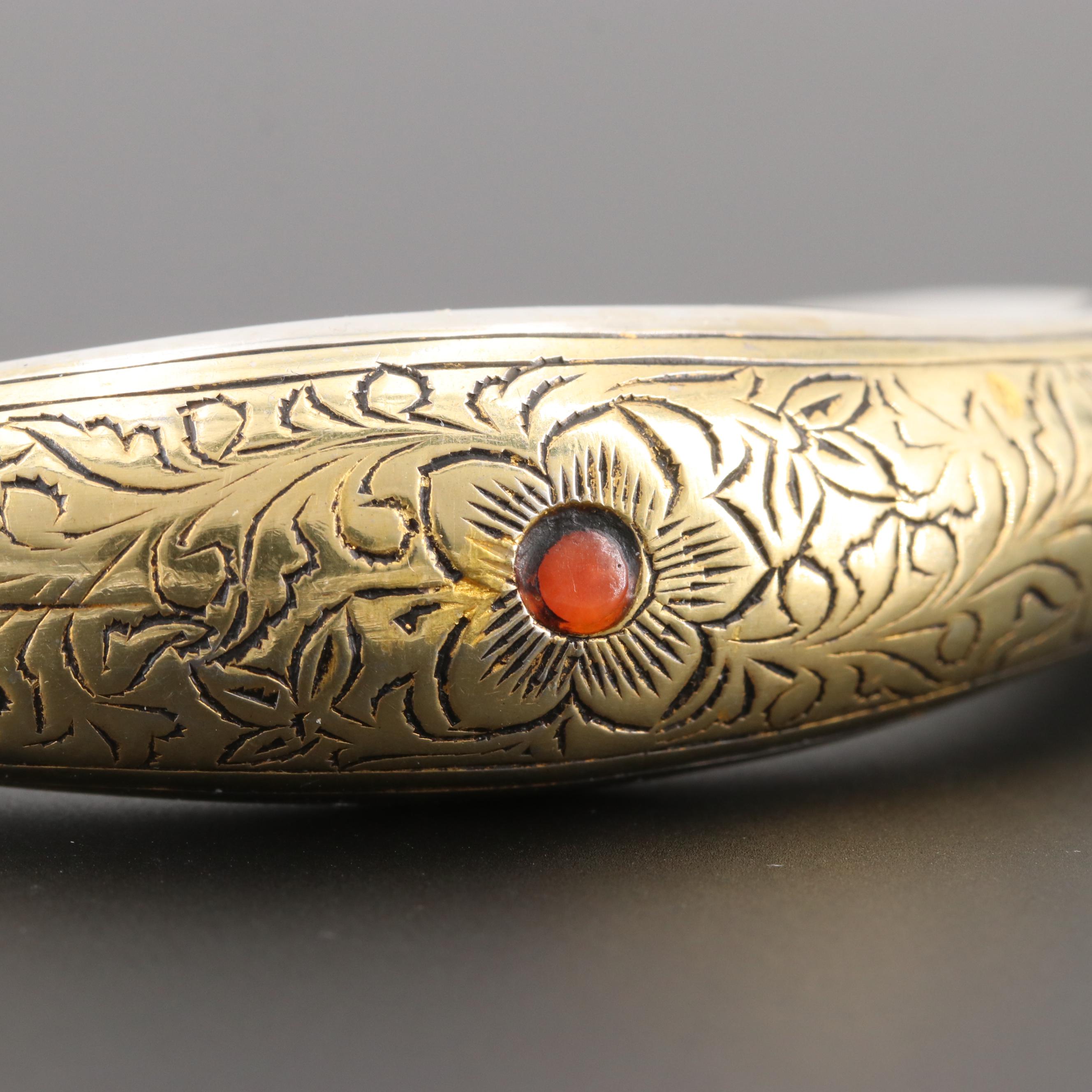 Central Asian Style 800 Silver Coral Etched Cuff Bracelet with Gold Wash
