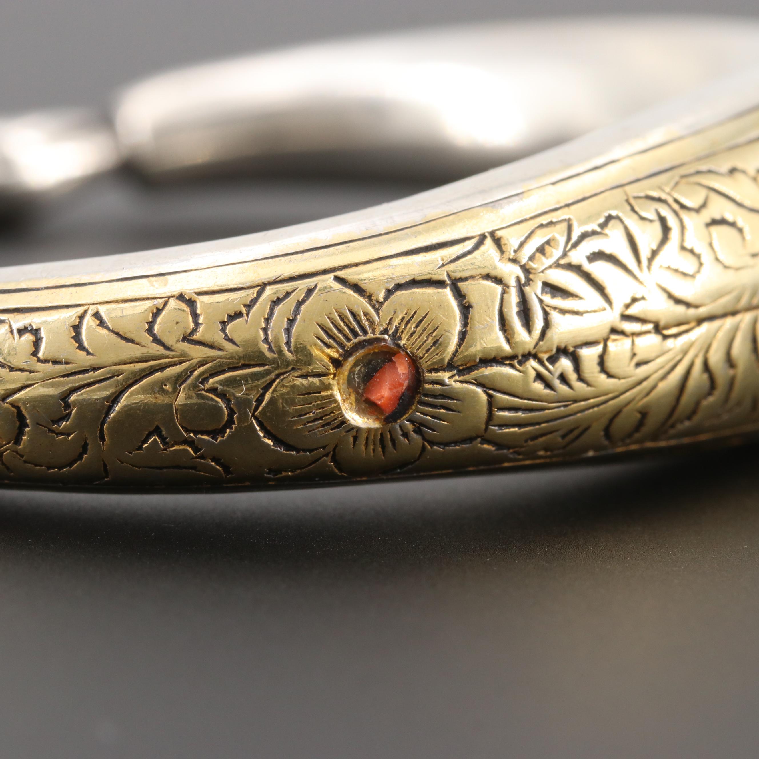 Central Asian Style 800 Silver Coral Etched Cuff Bracelet with Gold Wash