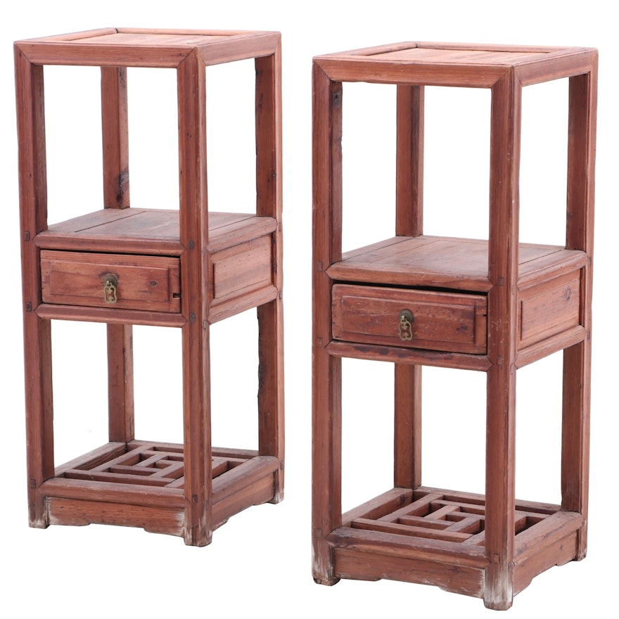 Pair of Chinese Pine Stands with Drawer