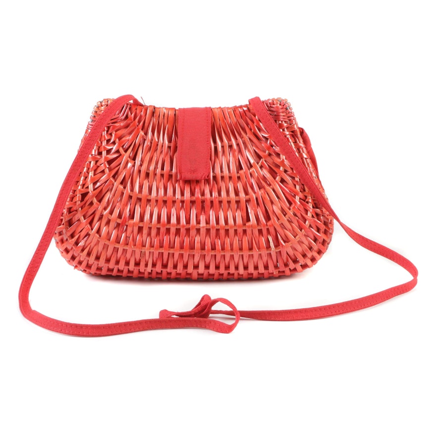 Saks Fifth Avenue Red Woven Straw with Grosgrain Ribbon Trim Crossbody Bag