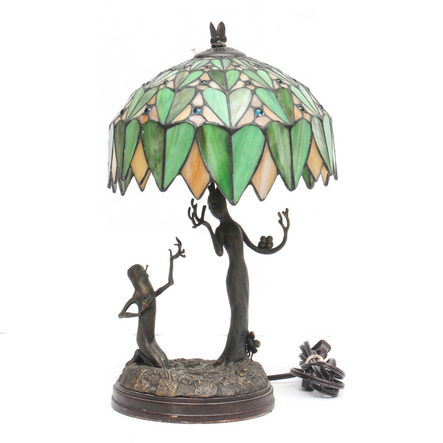 Disney "Flowers and Trees" Bronze Lamp with Stained Glass Shade