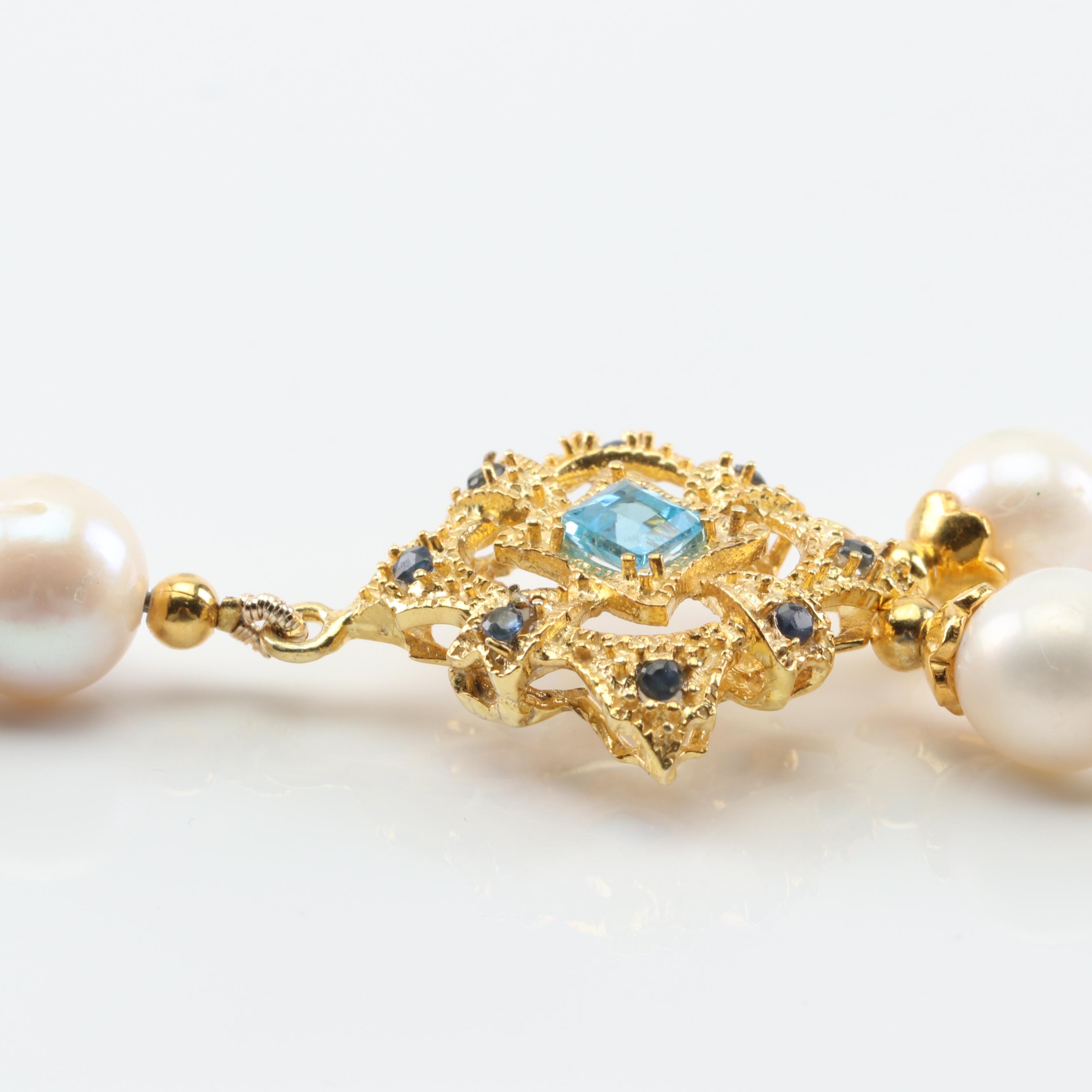 Sterling Silver Freshwater Pearl and Multi-Gemstone Necklace with Gold Wash