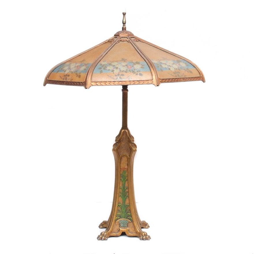 Art Nouveau Metal Paw Foot Lamp with Reverse Painted Glass Shade