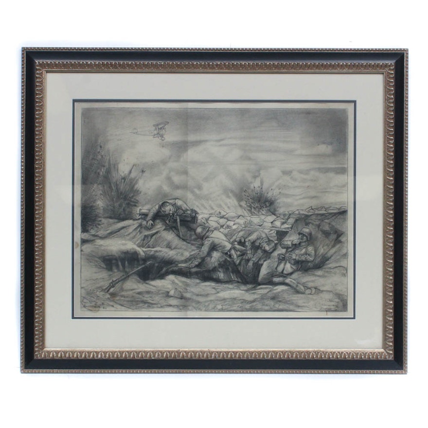 World War I Battle Scene Graphite Drawing