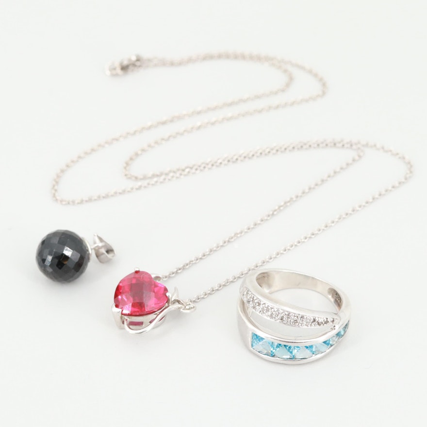 Sterling Silver Heart Necklace, Ring and Pendant with Onyx, Ruby and Topaz